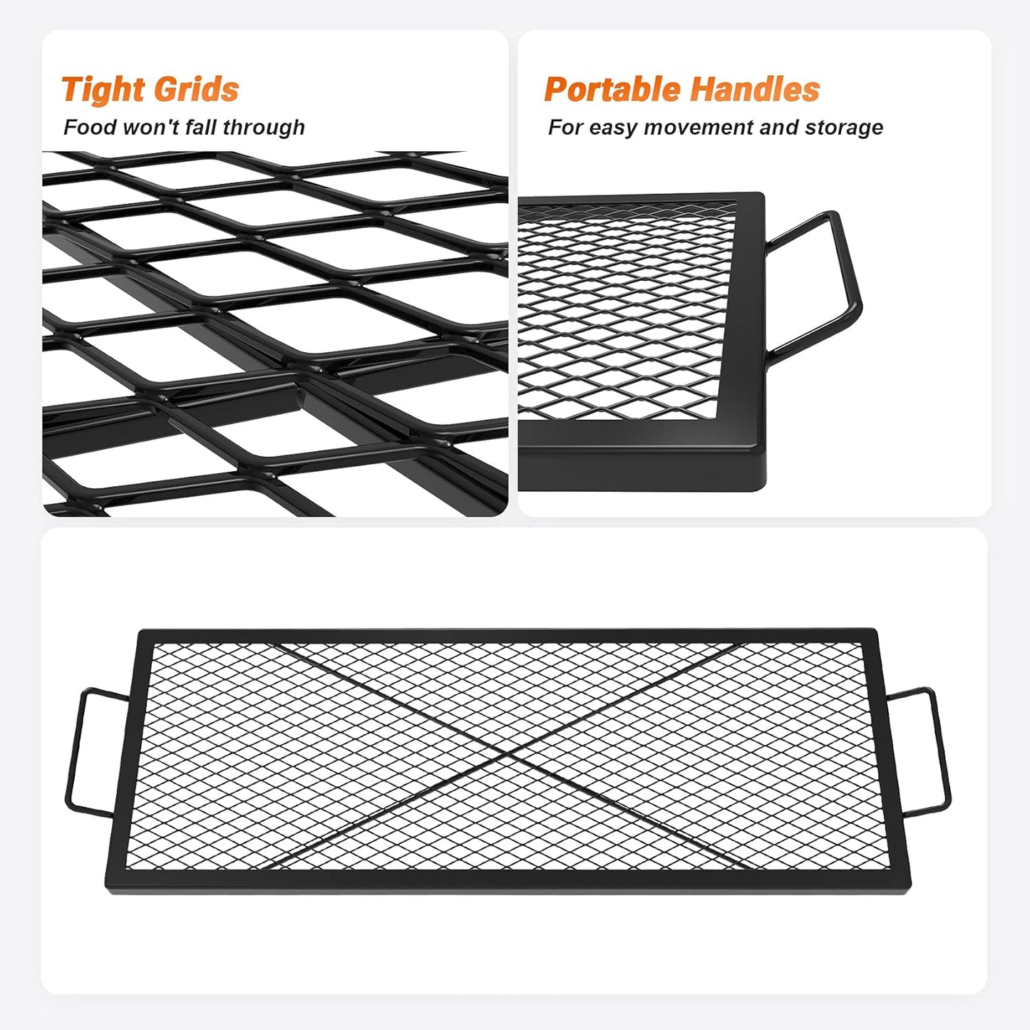 onlyfire Rectangle X-Marks Fire Pit Cooking Grate, Campfire Grill Grate with Handles, Heavy Duty Steel BBQ Grill Grate for Outdoor, 40-Inch