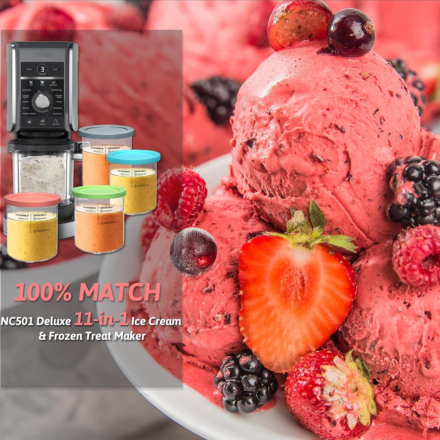 Replacement for Creami Deluxe Pints and Lids 4 Pack,Compatible with Ninja Creami 11-in-1 NC501 NC500 Series Deluxe Ice Cream Maker,24oz Deluxe XL Cups(Blue,Pink,Grey,Green)