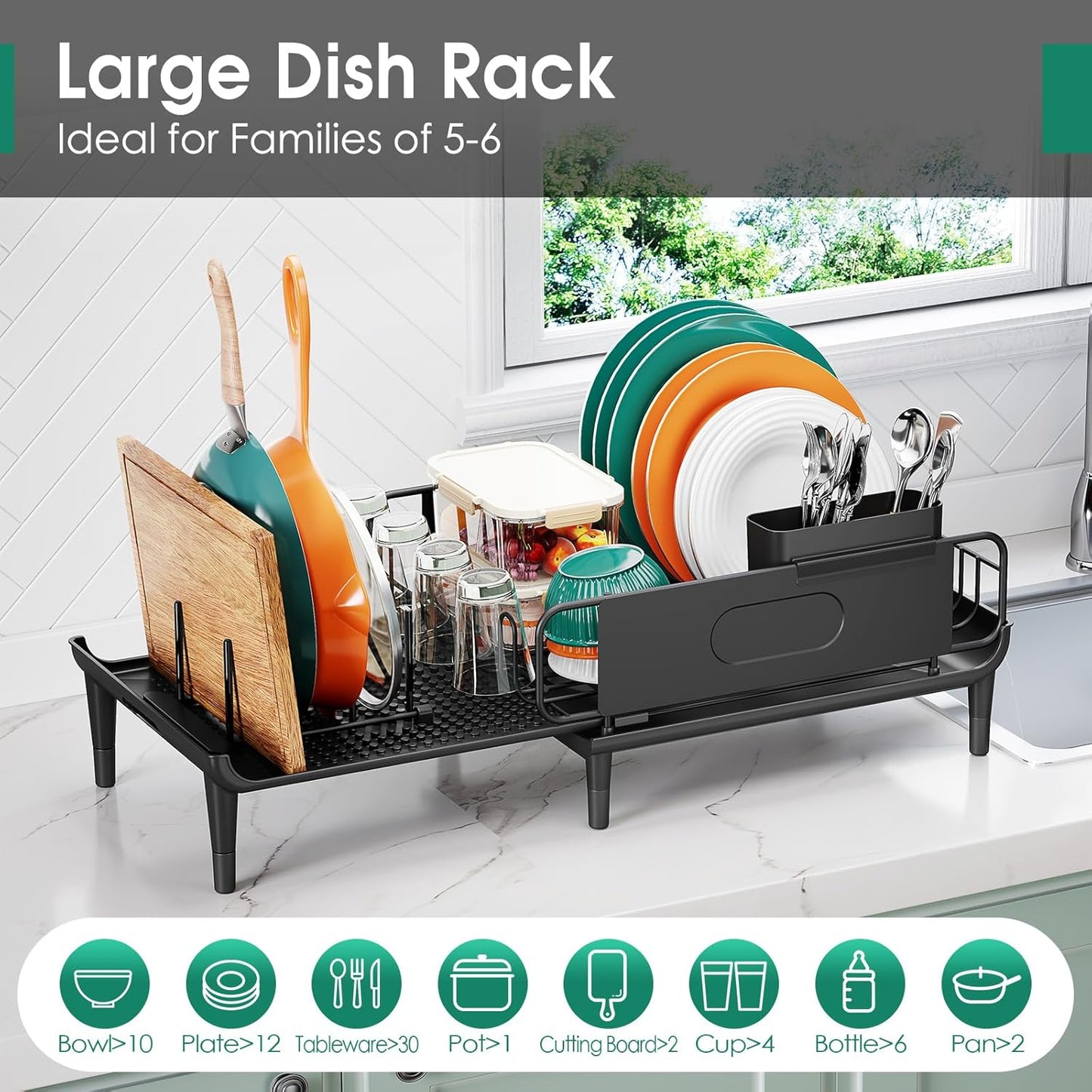 Extendable Dish Drying Rack for Kitchen Counter, Large Expandable Dish Rack with Multifunctional Drainboard for Pan Pot, Collapsible dish drainer, Foldable Plate Strainer for Home Countertop Storage
