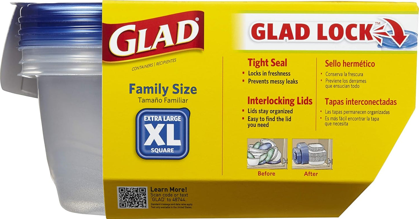 Glad Family Size Food Storage Containers, XL Square (104 Oz) - 3 Count, Standard