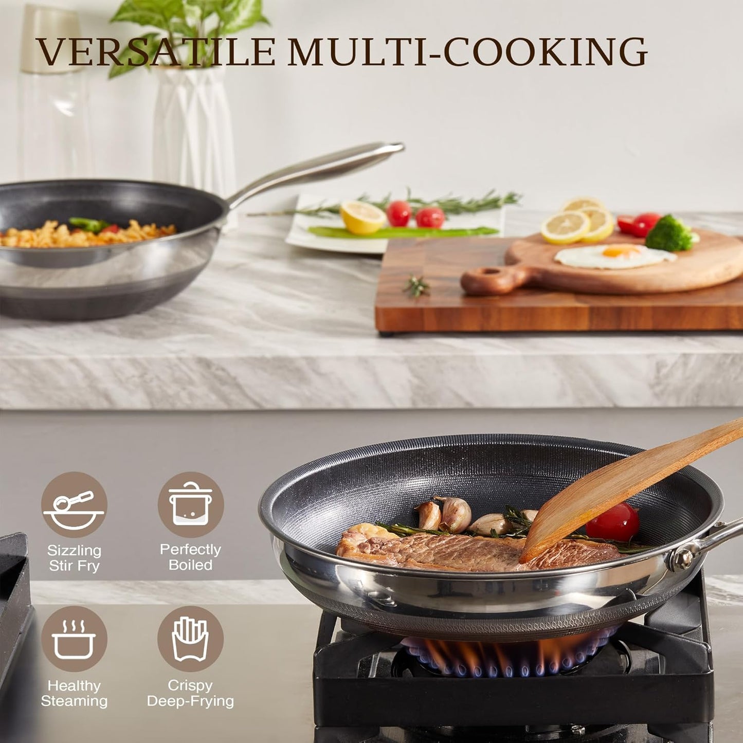 KITEXPERT Non Stick Wok Pan with Lid,12" Titanium Ceramic Pan Nonstick Stainless Steel Stir-fry Pans, PFAS PFOA & PTFE Free, Quick-Cool Handle, Dishwasher & Oven Safe, Compatible with All Cooktops