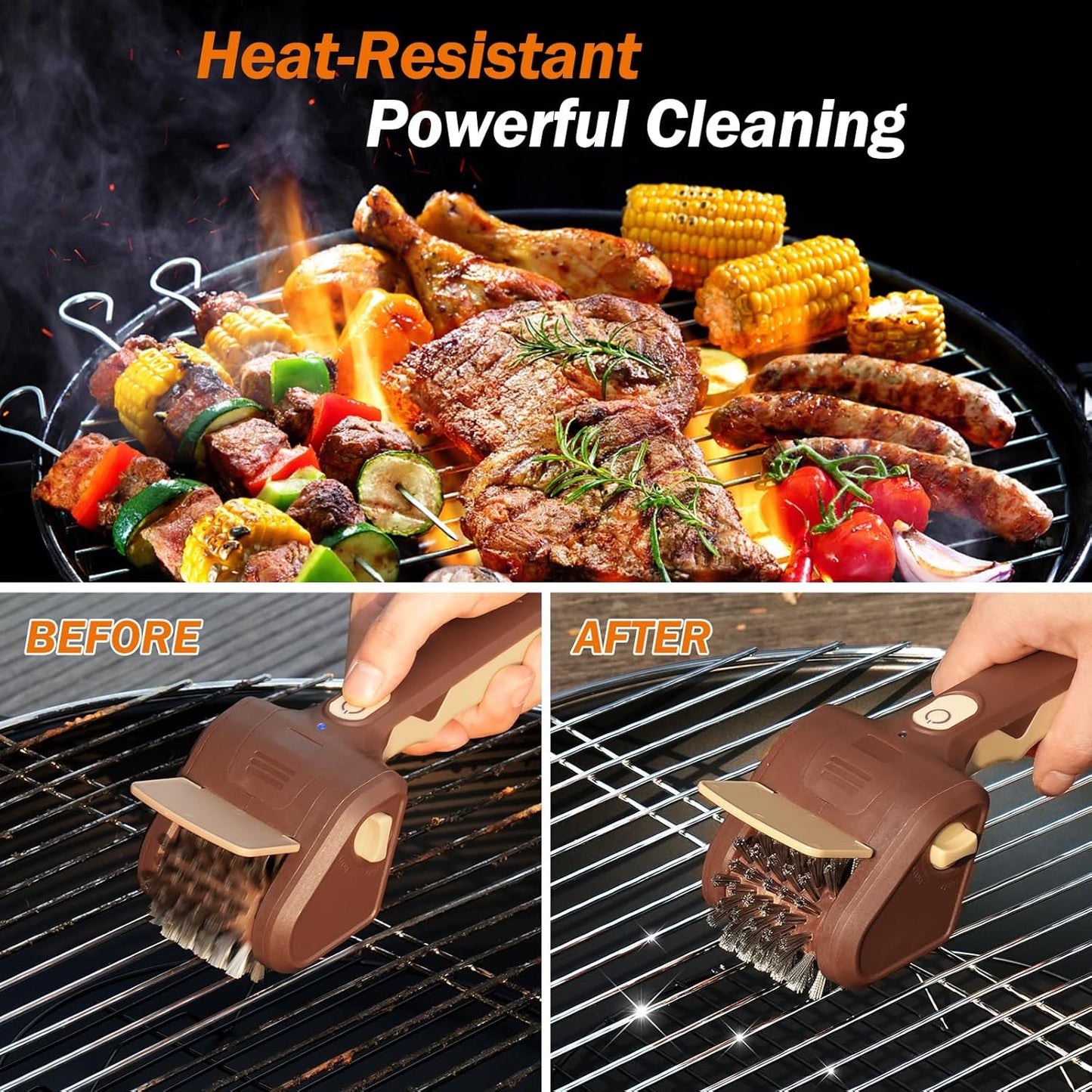 Grill Brush for Outdoor Grill, Cordless Electric BBQ Grill Cleaner with 700 RPM Stainless Steel Brush, Rechargeable Grill Cleaning Brush, Brown