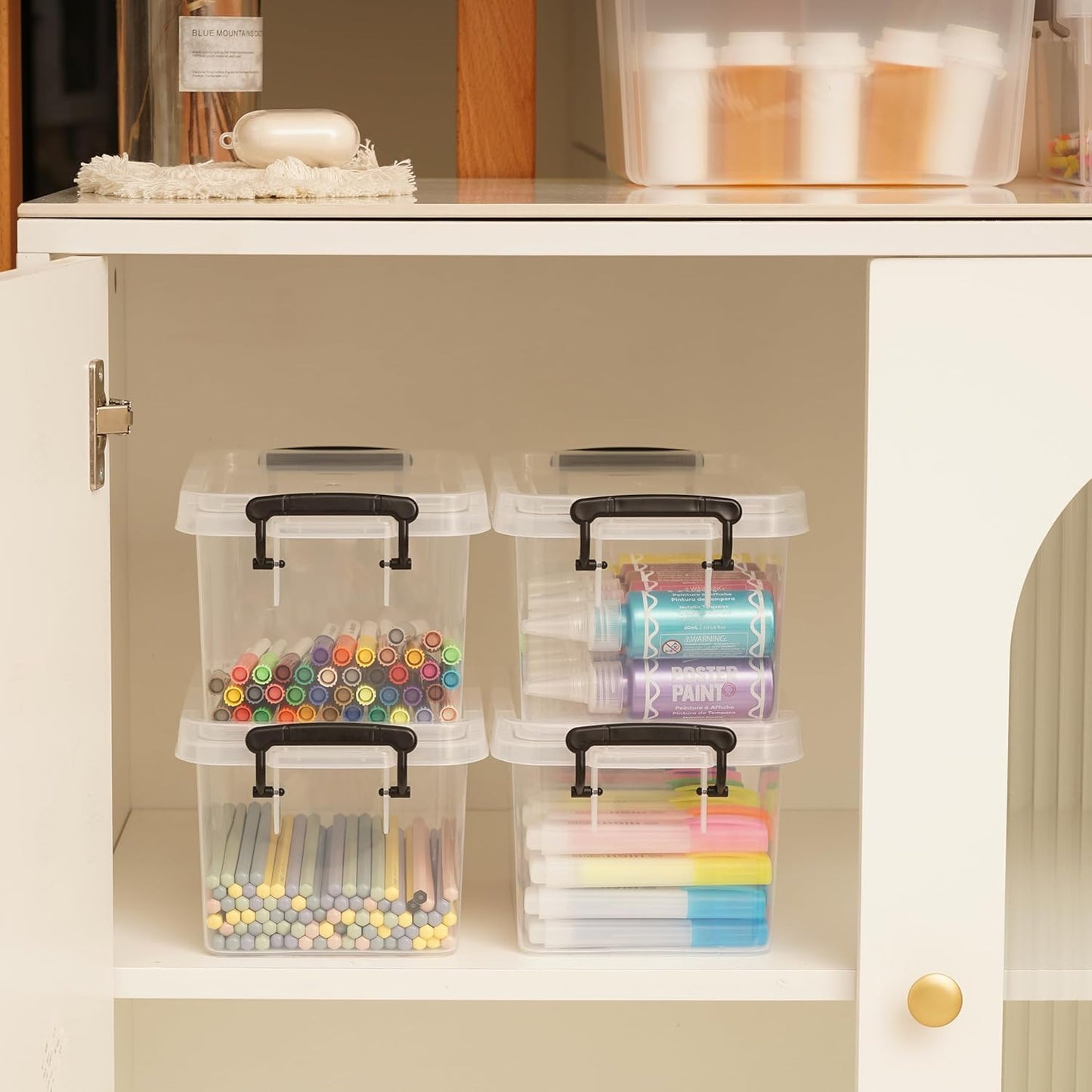 ITYLIFE CITYLIFE 4 Packs 3.5 QT Small Storage Bins with Black Handle Clear Plastic Bins with Reinforce Bottom Stackable Storage Containers for Organizing Art Supply, Craft Stuff, Markers, Small Toys