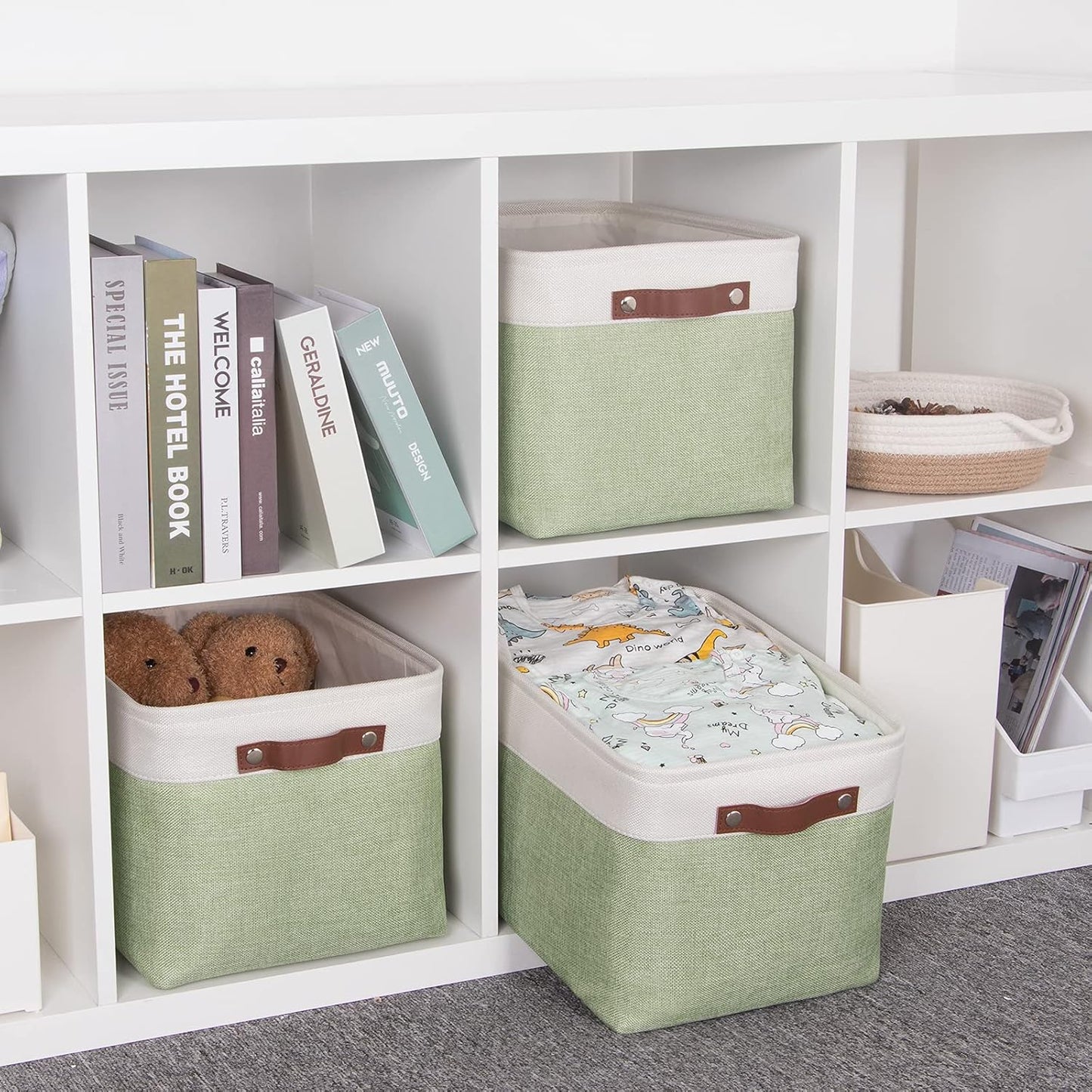 HNZIGE Storage Basket for Organizing Clothes(3 Pack) Decorative Storage Bins for Shelves Toys, Fabric Canvas Bins Storage Organizer with Handles(Gray&Green,15" X 11" X 9.5")