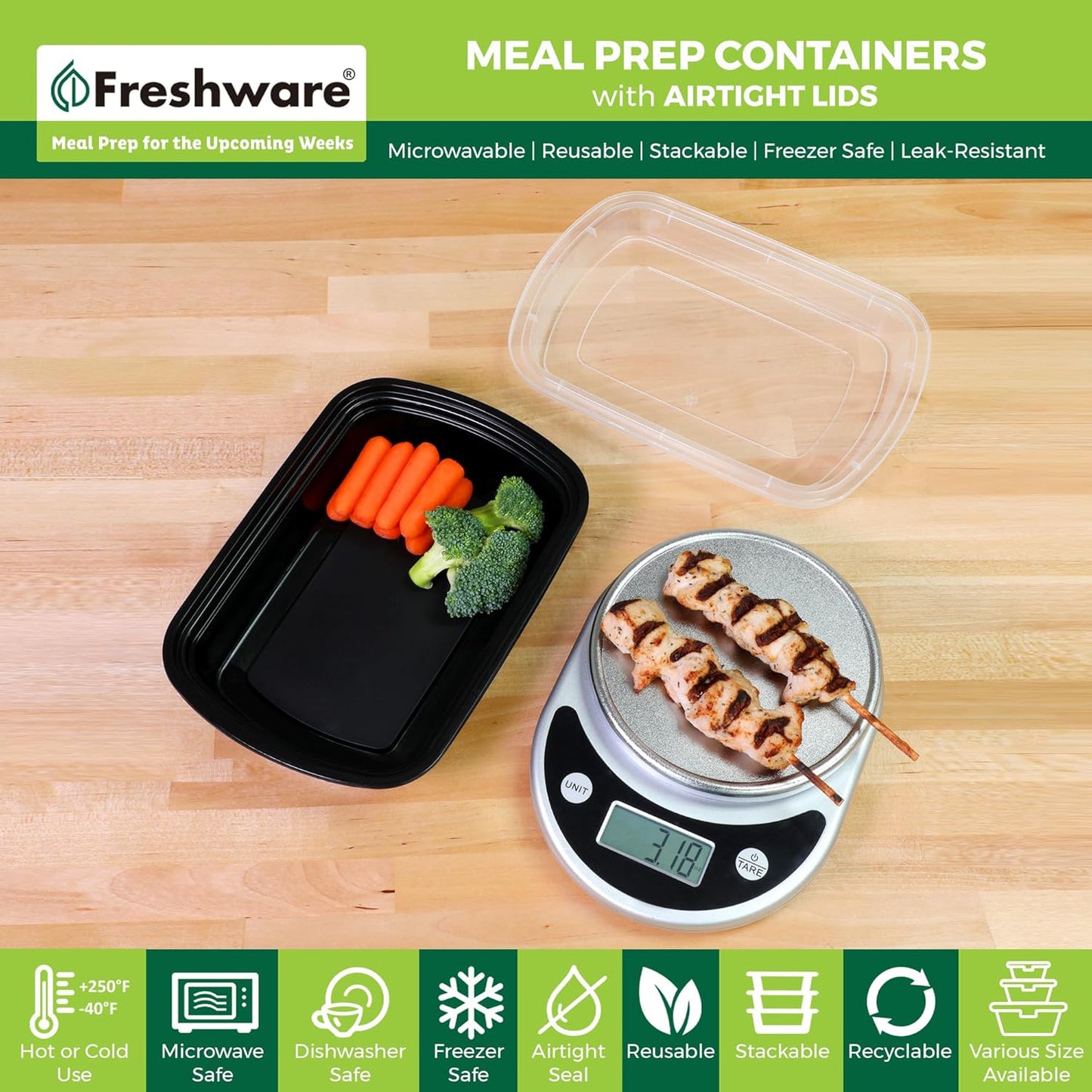 Freshware Bento Box Meal Prep Container, 32, 1-Compartment, 150-Pack, 32 ounce