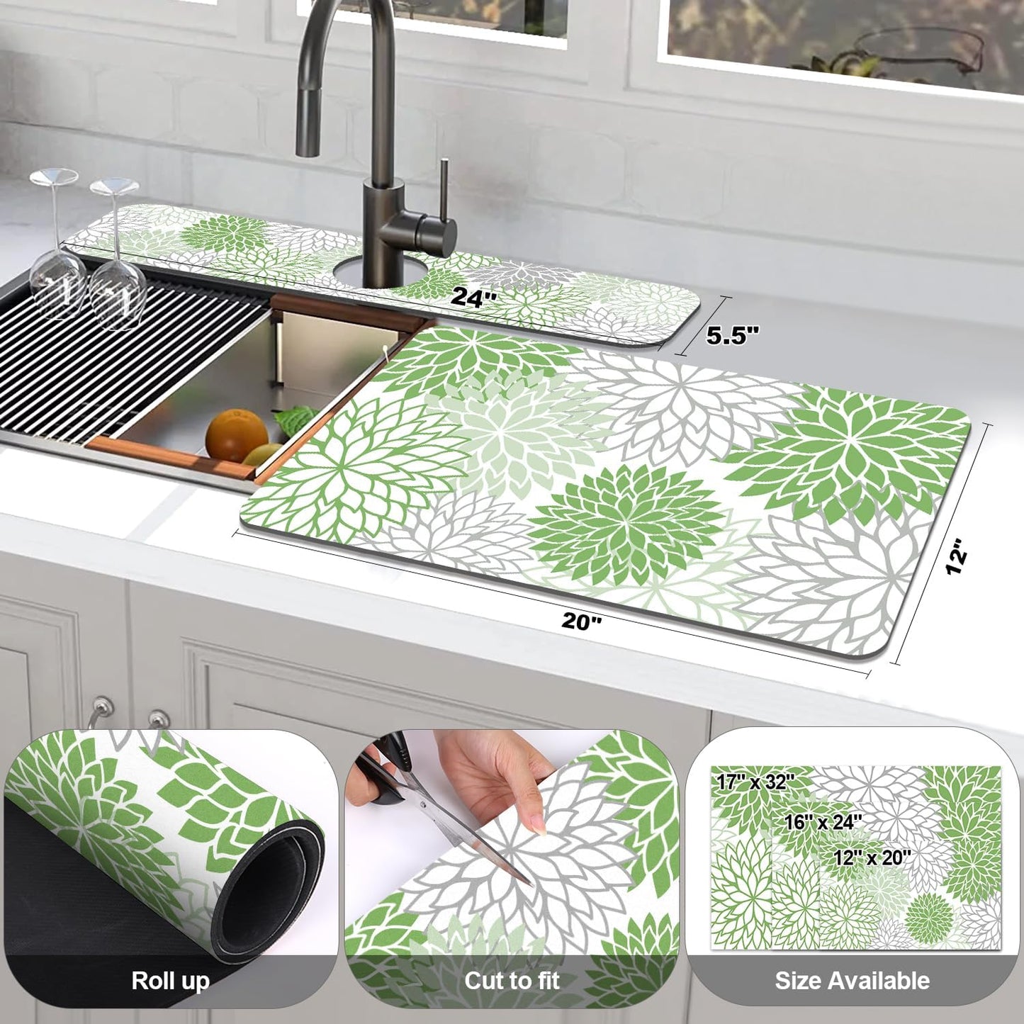 Findosom 2PCS 16" x 24" Dish Drying Mat & 24" x 5.5" Sink Splash Guard, Super Absorbent & Cuttable Dish Mat Drying Kitchen Mat with Green Floral, Hide Stain Drying Mat for Kitchen Counter
