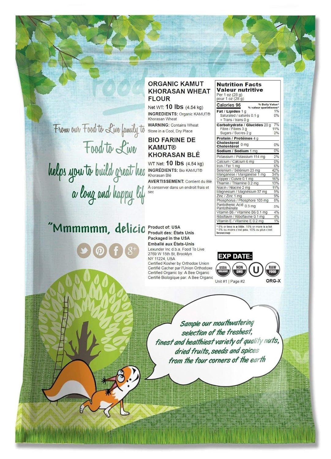 Food to Live Organic KAMUT Khorasan Wheat Flour, 10 Pounds Stone Ground Powder, 100% Whole Grain Meal, Non-GMO, Kosher, Bulk