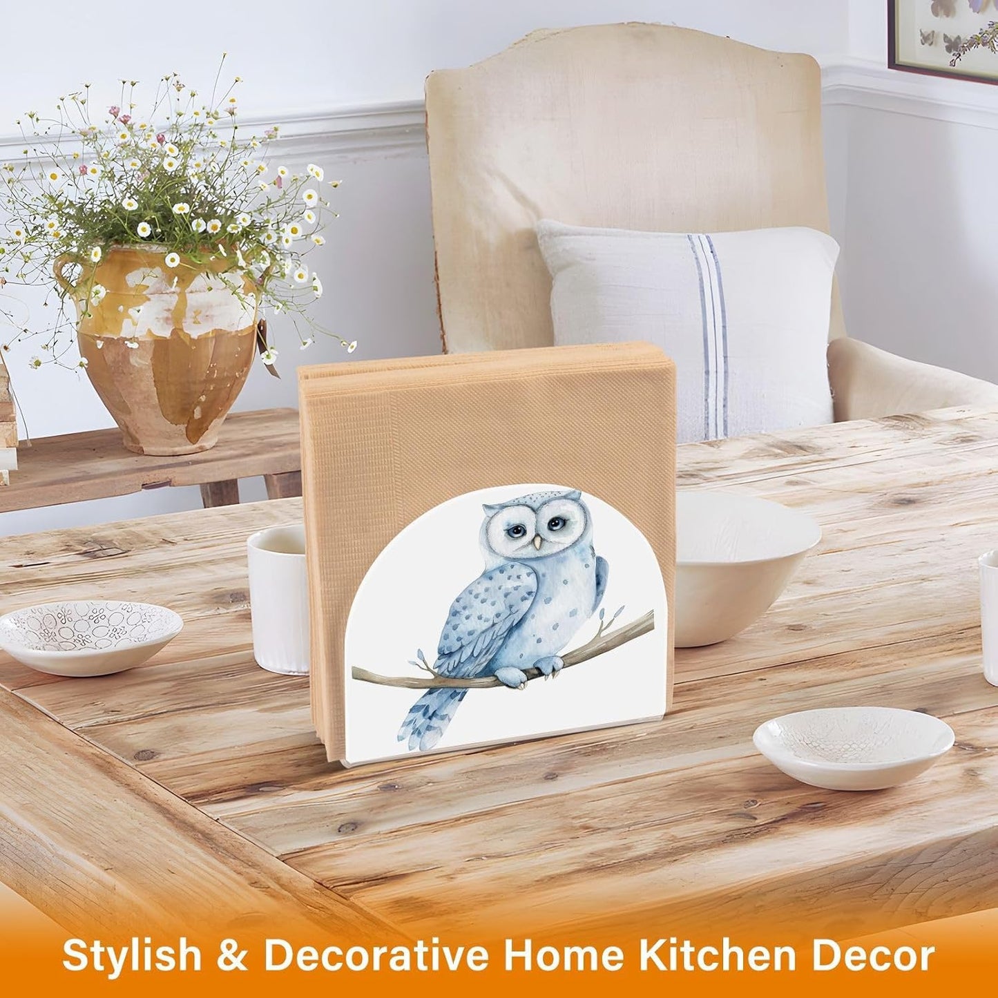 Blue Owl on Branch Napkin Holder for Table Paper Napkins Holder Acrylic Tissue Dispenser Kitchen Dining Room Bathroom Party Car Decor