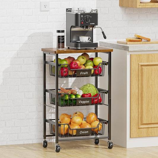 4-Tier Vegetable Fruit Basket Kitchen Storage Rolling Cart on Wheels with Pull-Out Baskets and Wood Top for Kitchen Diningroom Pantry