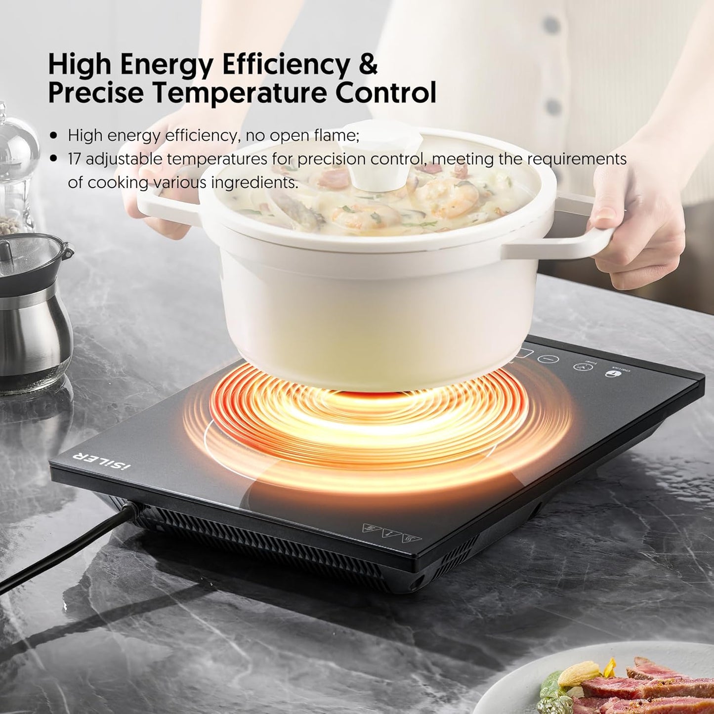 Portable Induction Cooktop, iSiLER 1800W Sensor Touch Electric Induction Cooker Hot Plate with Kids Safety Lock, 6.7" Heating Coil, 18 Power 17 Temperature Setting Countertop Burner with Timer