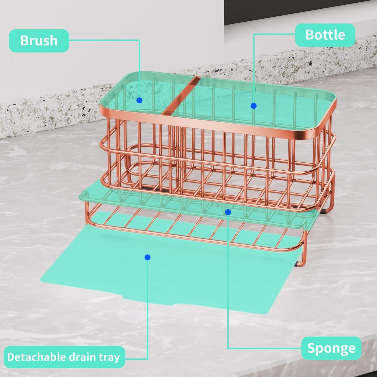 HapiRm Multifunctional Kitchen Sink Organizer, Large Sink Caddy with Drain Tray, SUS304 Stainless Steel Rustproof Sponge Holder for Kitchen Countertop - Rose Gold