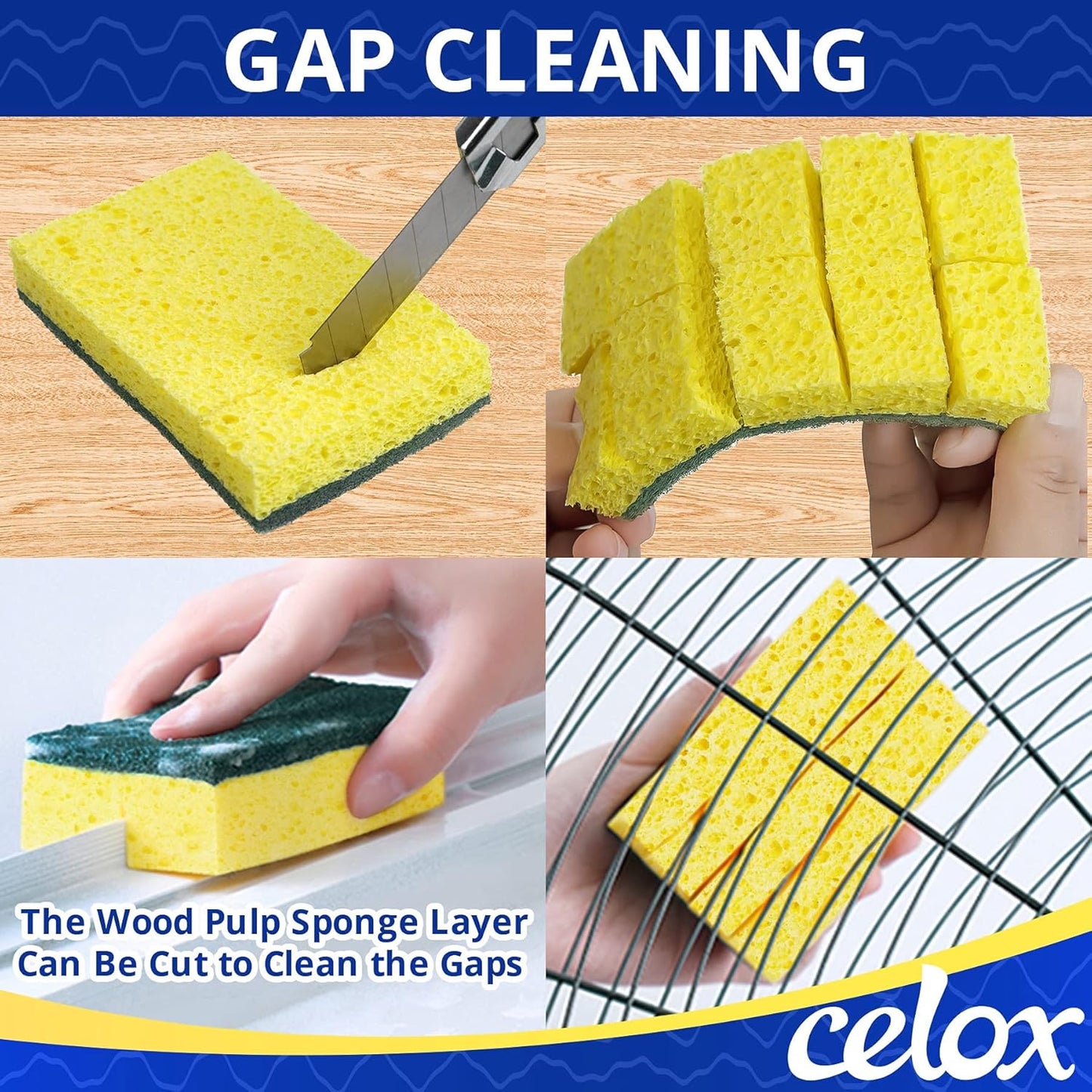 CELOX 6 Pack Dish Sponge for Kitchen, Dual Sided Scrub Heavy Duty, Non Scratch Sponges Perfect for Dishwashing and Household Cleaning, Highly Absorbent and Easy to Dry for Reuse