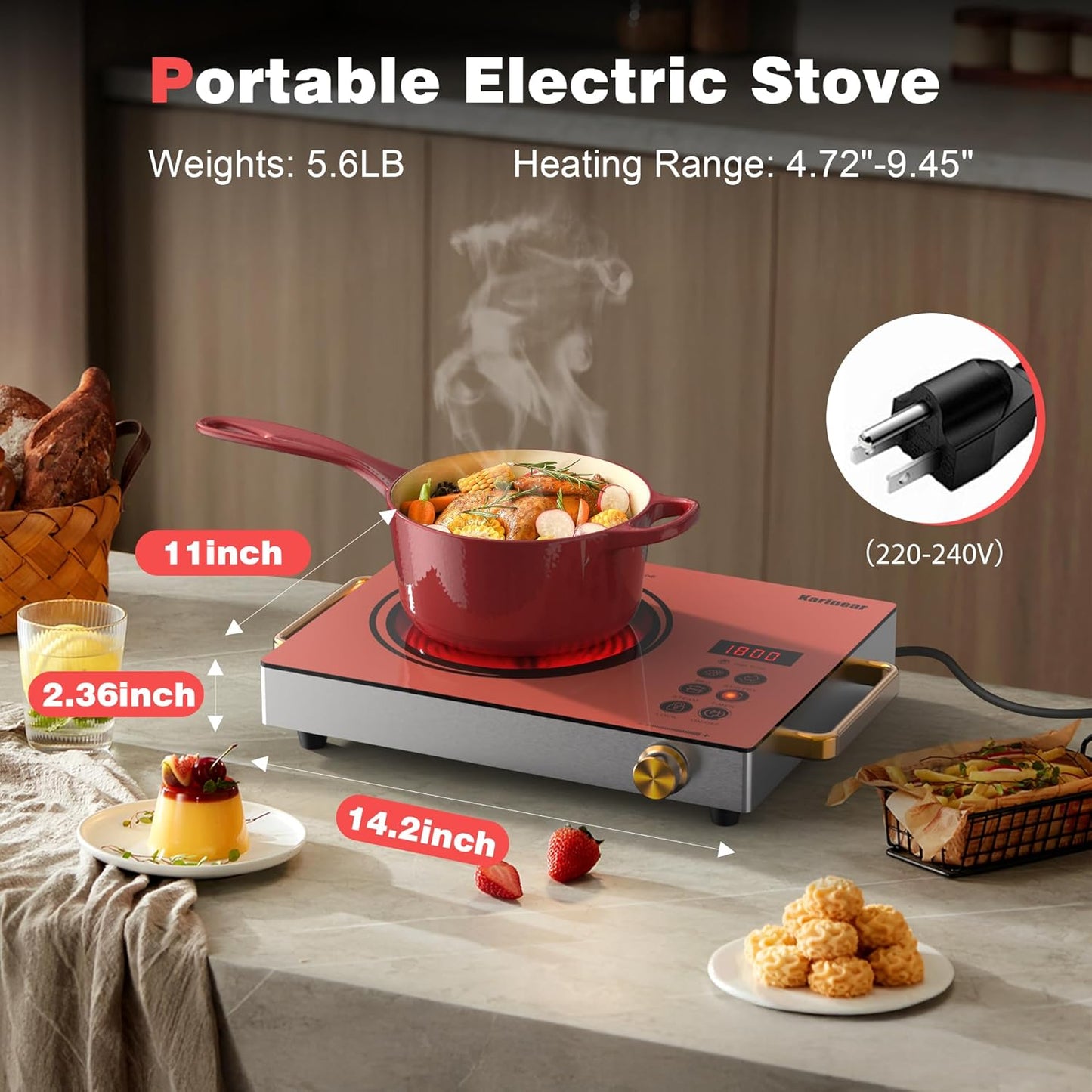 Karinear Portable Electric Stove 110V, 1800W Electric Hot Plate with Handle, Knob Control Single Burner Electri Cooktop, Ceramic Infrared Countertop Burner, Timer, Safety Lock(Pink)