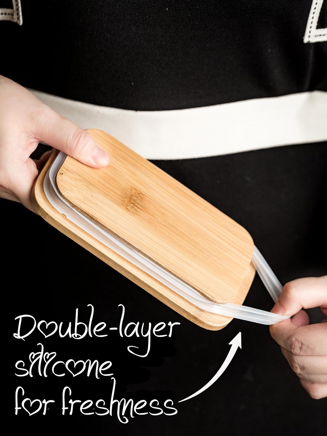 Covered Butter Dish for Countertop, Ceramic Butter Dish with Wooden Lid Airtight Butter Holder Container, Vintage HoneyBee Kitchen Decor, White