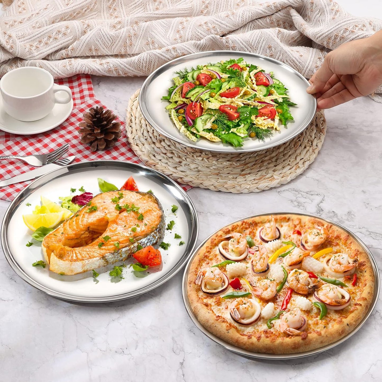 P&P CHEF 10 Inch Pizza Pan, Stainless Steel Round Pizza Tray Baking Pans, Pizzas Plate Serving Tray for Cookie Meat, Oven & Dishwasher Safe & Easy Cleaning, (Mirror Finish) - 3 Pieces
