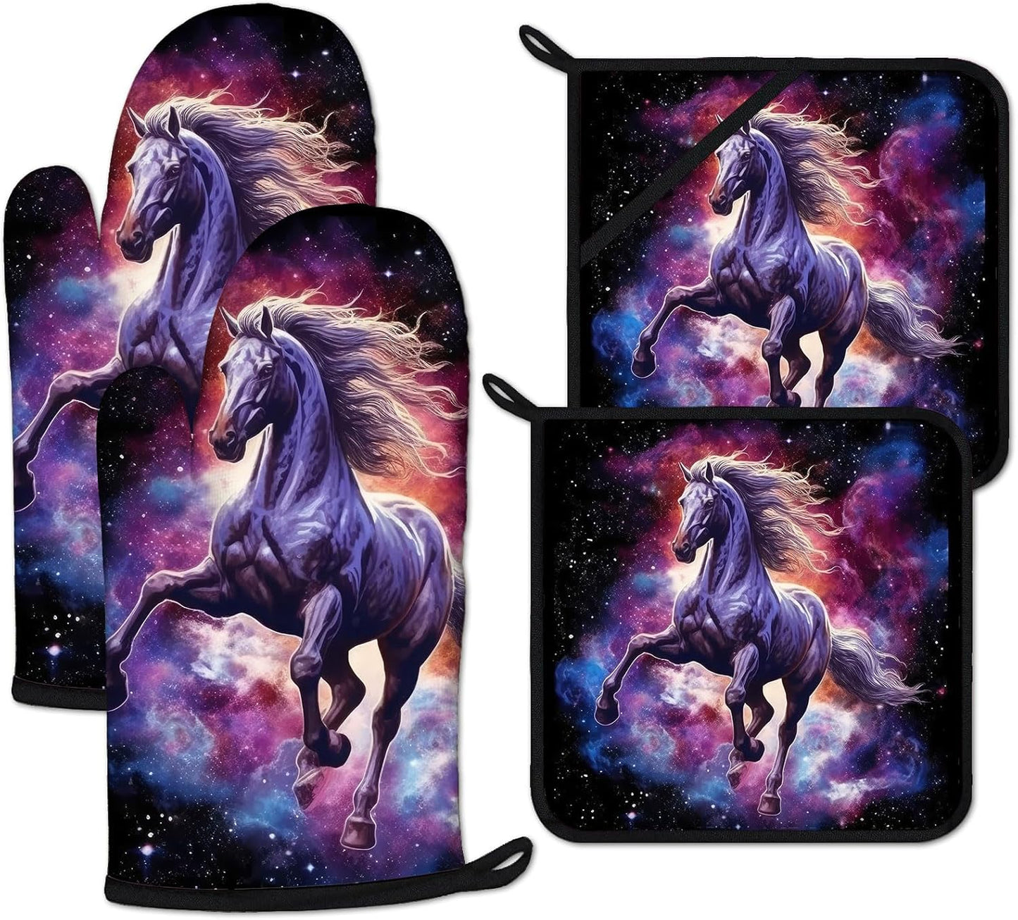 Horse Purple Galaxy Space Oven Mitts and Pot Holders Sets Heat Resistant 4Pcs Potholders Oven Gloves Hot Pads for Kitchen Baking Cooking Grilling BBQ