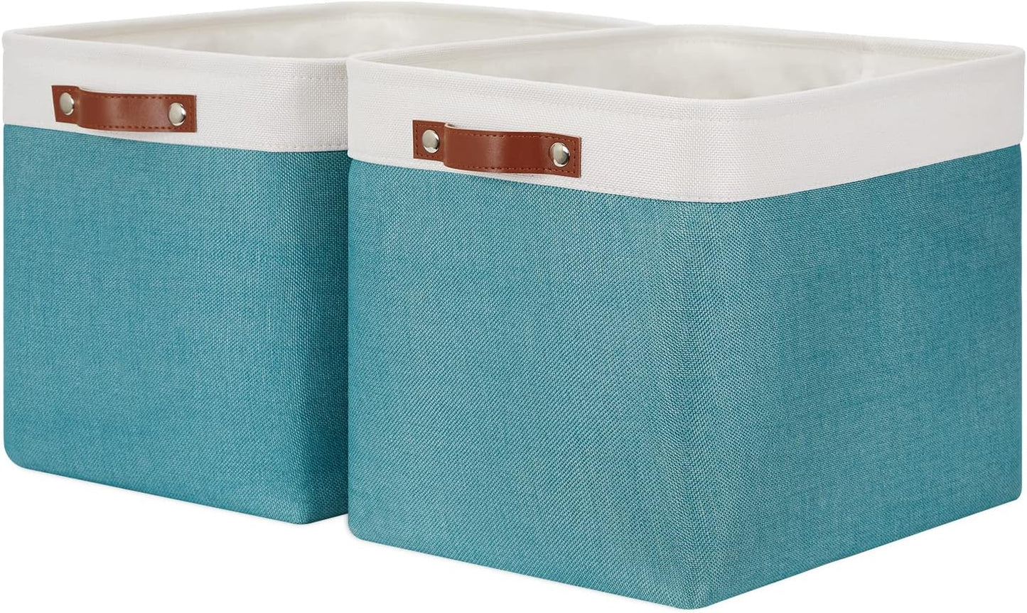 HNZIGE Extra Large Fabric Storage Bin Baskets for Organizing Shelves [2 Pack] Storage Baskets for Closet 16" X 11.8" X 11.8" Rectangular Storage Basket Bin for Organization Living Room(Teal&White)