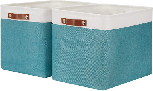 HNZIGE Extra Large Fabric Storage Bin Baskets for Organizing Shelves [2 Pack] Storage Baskets for Closet 16" X 11.8" X 11.8" Rectangular Storage Basket Bin for Organization Living Room(Teal&White)