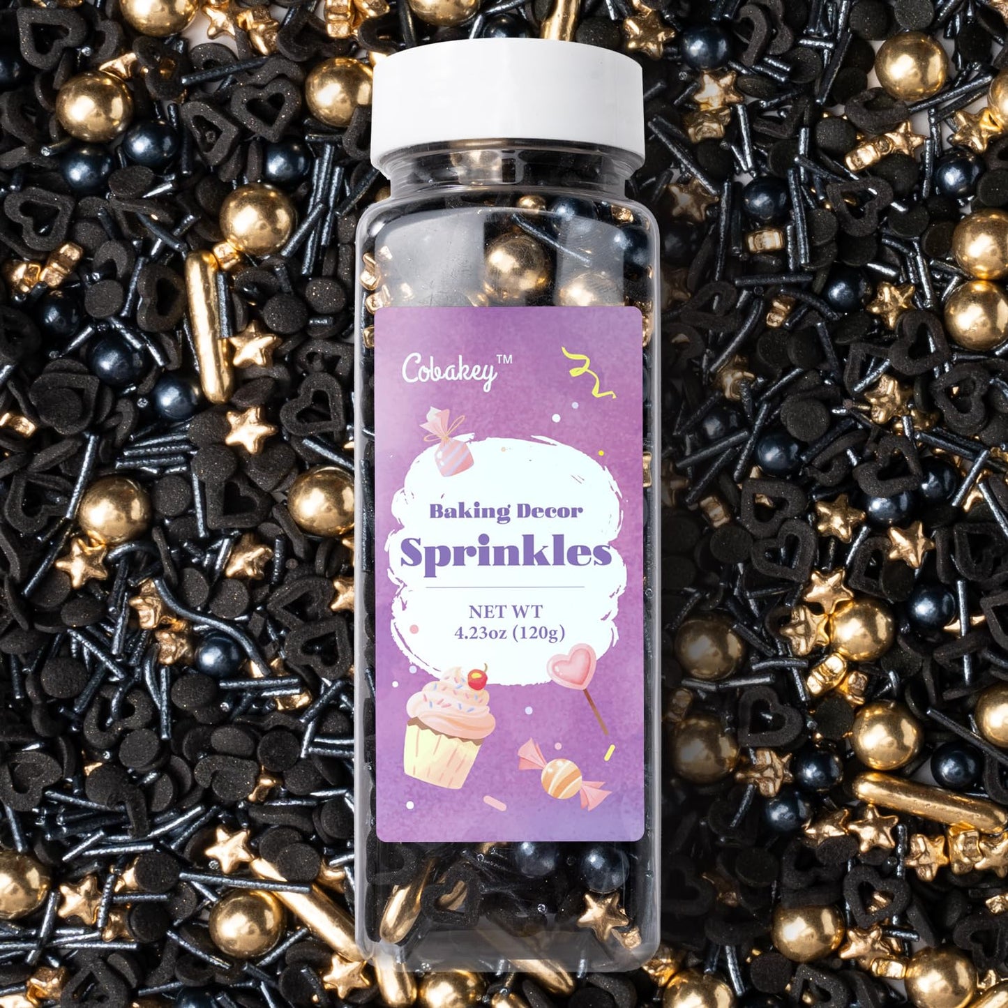 Black & Gold Star Sprinkles for Cake Decorating 4.23ounce - Sugar Mix Contains Gold Star & Pearl Sprinkles for Cupcake Toppers, Ice Cream, Candy, Cookie Decorations - Wedding Party Supplies