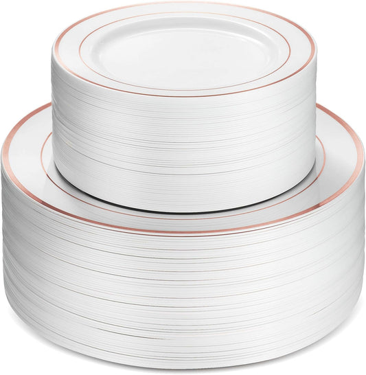 Munfix 100 Rose Gold Rim Plastic Plates Set, 50 Pcs 10 Inch Dinner and 50 Pcs 7 Inch Plastic Dessert Plates, Elegant Fancy Heavy Duty Disposable Plates for Party, Wedding, White Rose Gold Rim