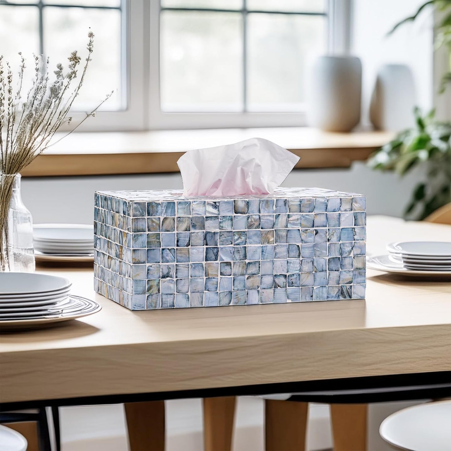 PEMAR Rectangular Mother of Pearl Tissue Box Capiz Shell Handmade Rectangle Tissue Box Cover Holder Decorative Napkin Dispenser Organizer Rustic Farmhouse Vintage Decor (Blue)