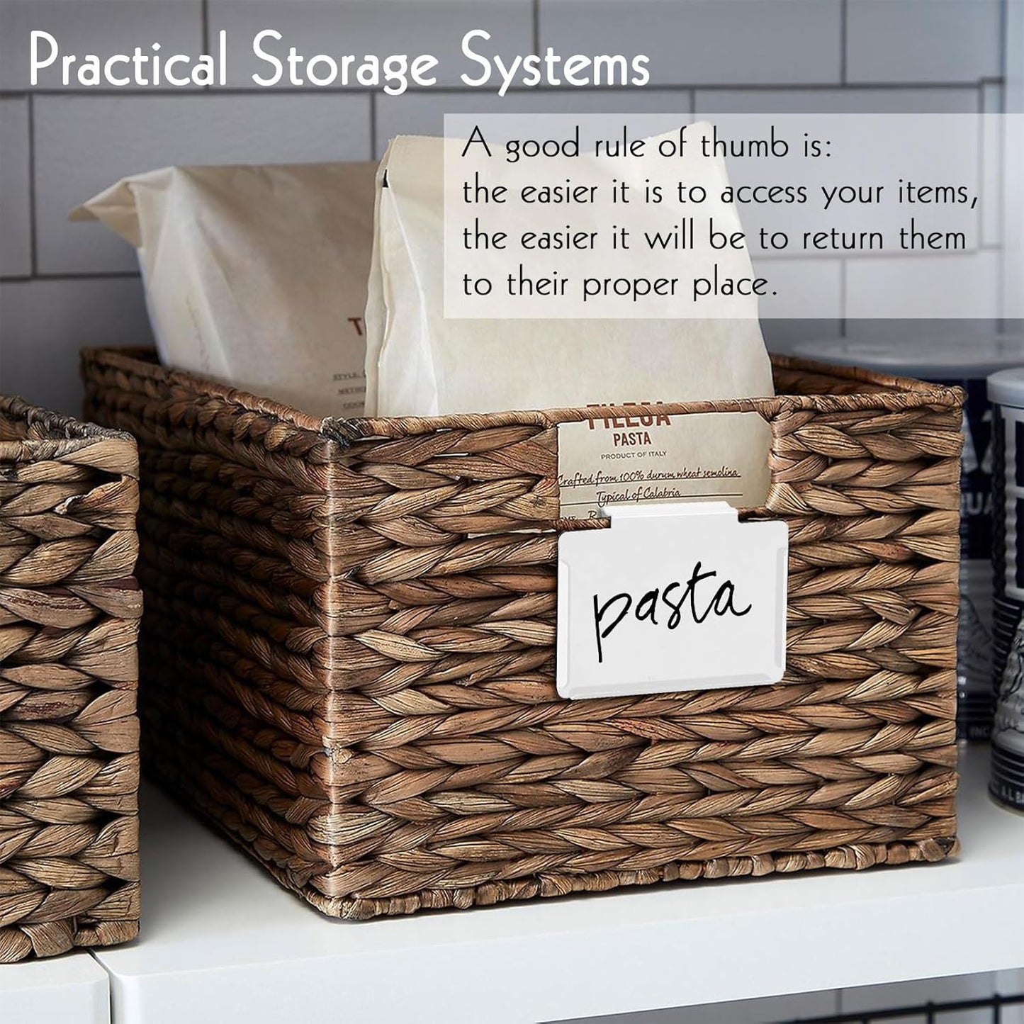 Basket Labels Clip on | Label Holders for Basket or Storage Bins Includes Black Chalk Markers (30 White Holders + 4 Black Chalk Makers)