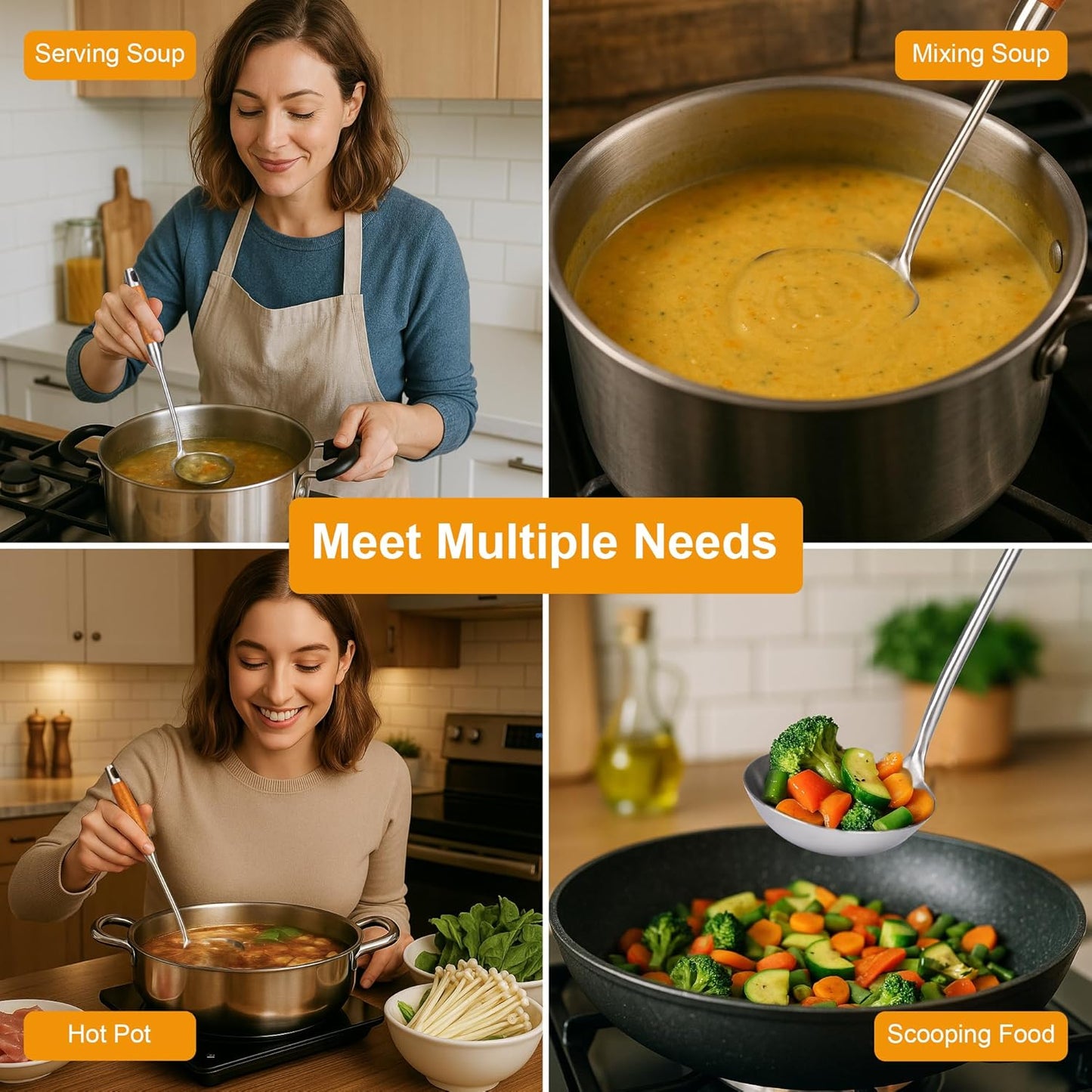 FJNATINH Soup Ladle, Stainless Steel Ladle with Heat Resistant Wooden Handle, Food Grade Metal Cooking Soup Spoon Kitchen Tools, Easy to Clean