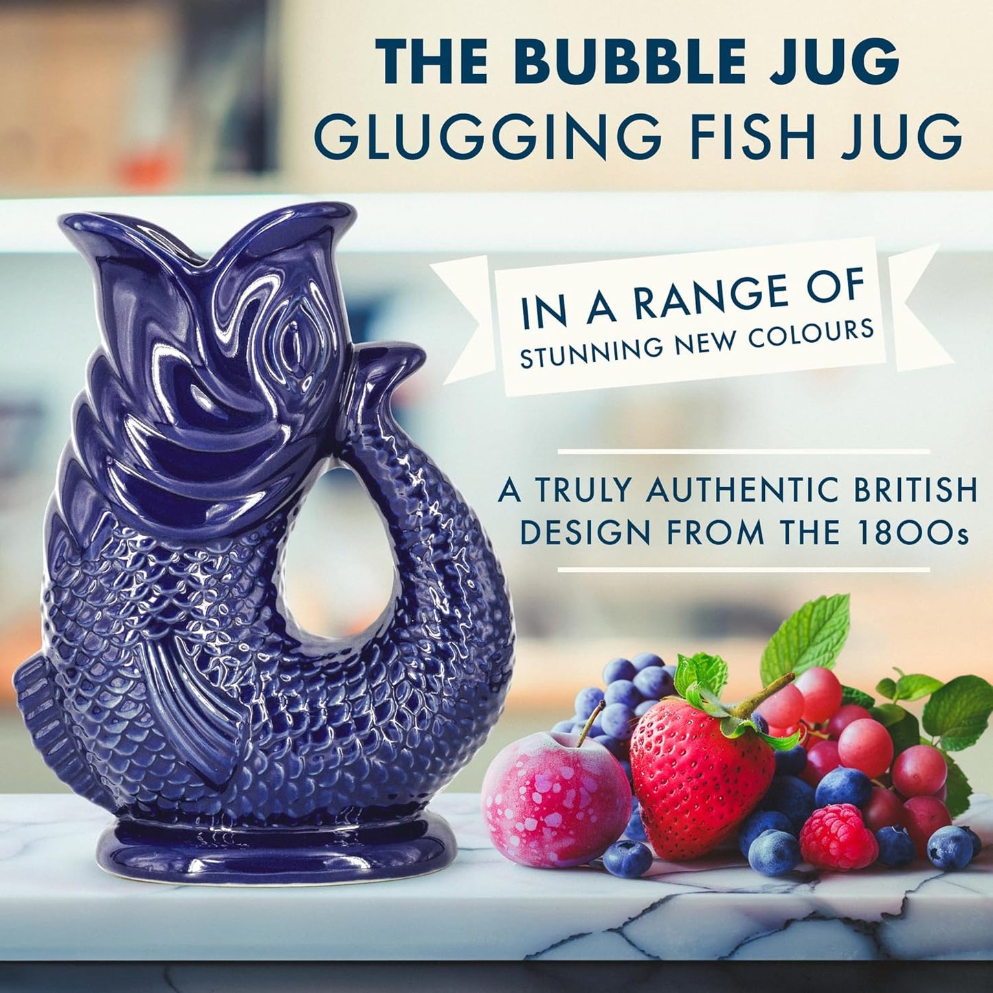 Gurgle Glug Jug The Bubble Jug® Dark Cobalt Blue 50 fl oz 1.5L Litre Extra Large Pitcher - Fish Shaped Jug - Decorative Ceramic Glugging Cocktail, Water and Gin Vase and Gurgling Carafe Pot