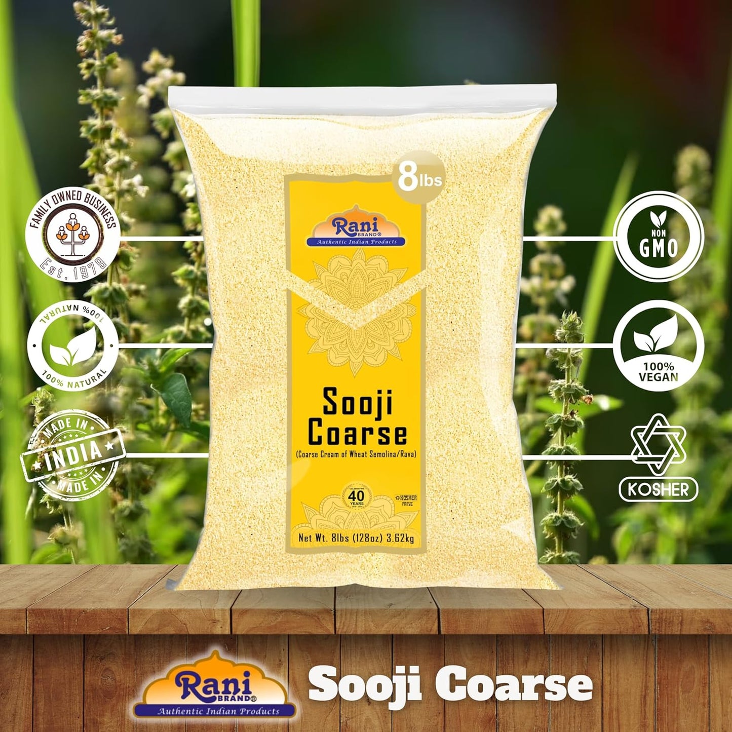 Rani Sooji Coarse (Farina, Suji, Rava, Rawa, Wheat Semolina) Flour 128oz (8lbs) 3.63kg Bulk ~ All Natural | Vegan | NON-GMO | Kosher | Indian Origin
