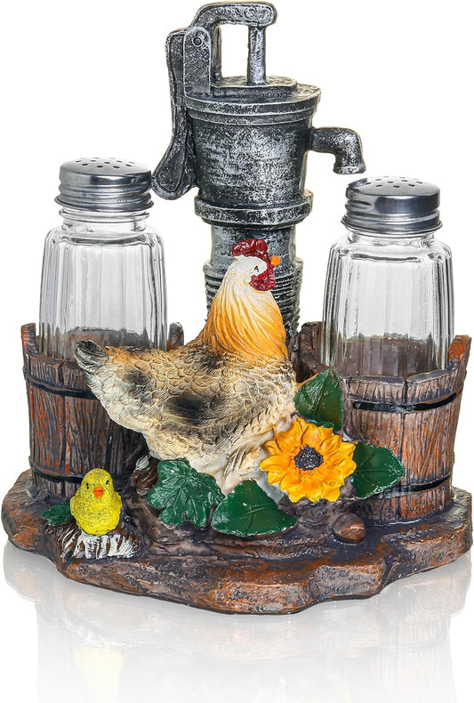 Rustic Salt And Pepper Shakers Set - Salt And Pepper Dispenser with Resin Hen Well Figurine And Statues Holder - Farmhouse Kitchen DéCor with Glass Spice Jars