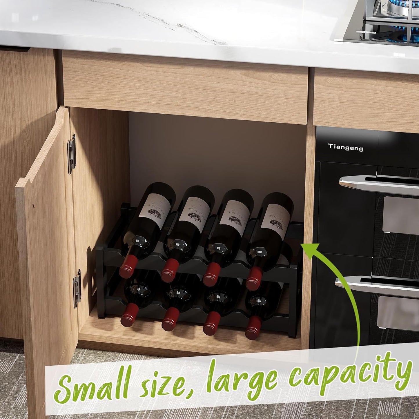 BMOSU Bamboo Wine Rack Wine Storage Cabinet Shelf 8 Bottle Wine Racks Countertop Sturdy for Kitchen Dining Room Pantry - 2 Tiers Wine Rack (Black)