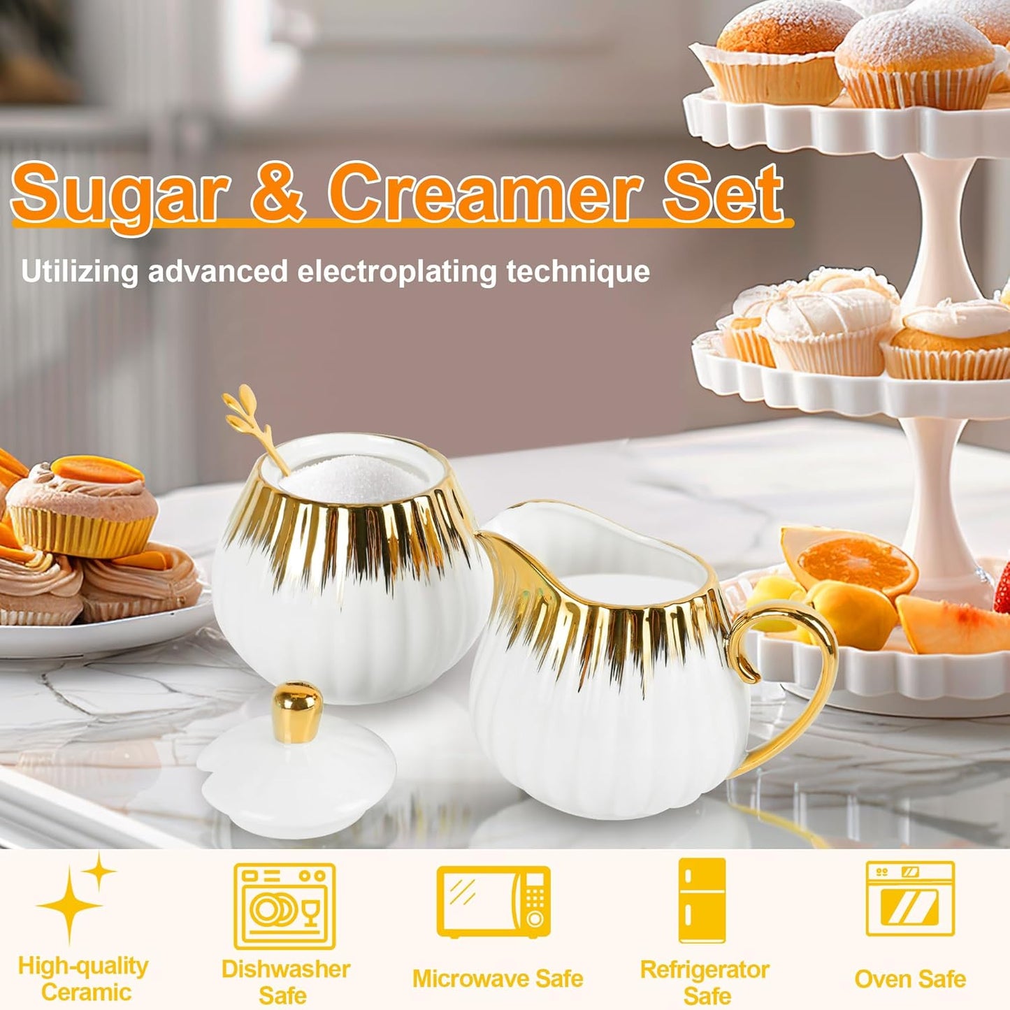 Ceramic Sugar and Creamer Set, Cream Pitcher Sugar Bowl with Lid and Spoon, Sugar and Creamer Container for Coffee Bar (3)