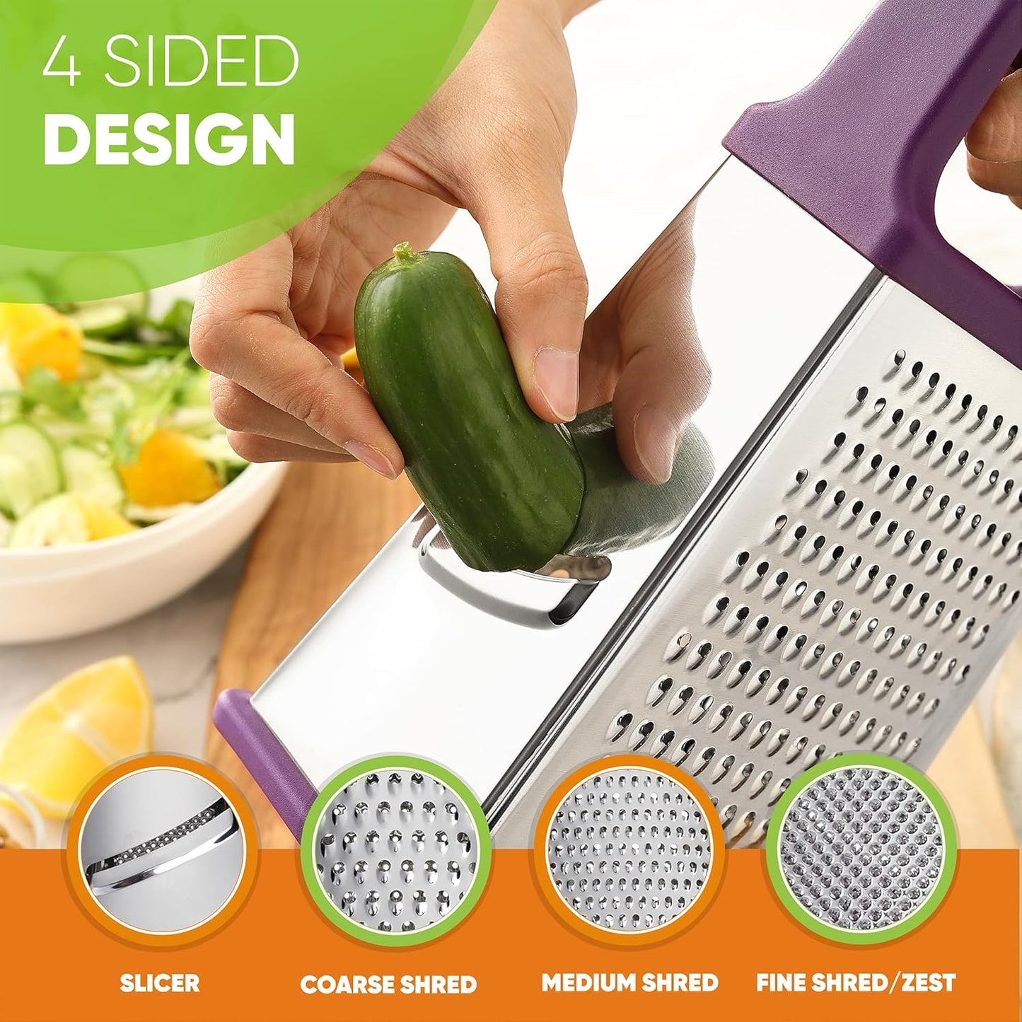 Spring Chef Purple Professional Stainless Steel XL Parmesan Cheese Grater with Handle - Manual Box Grater for Kitchen, 4 Sides, Dishwasher Safe Food Shredder for Vegetable, Potato, Hard Cheese, Carrot