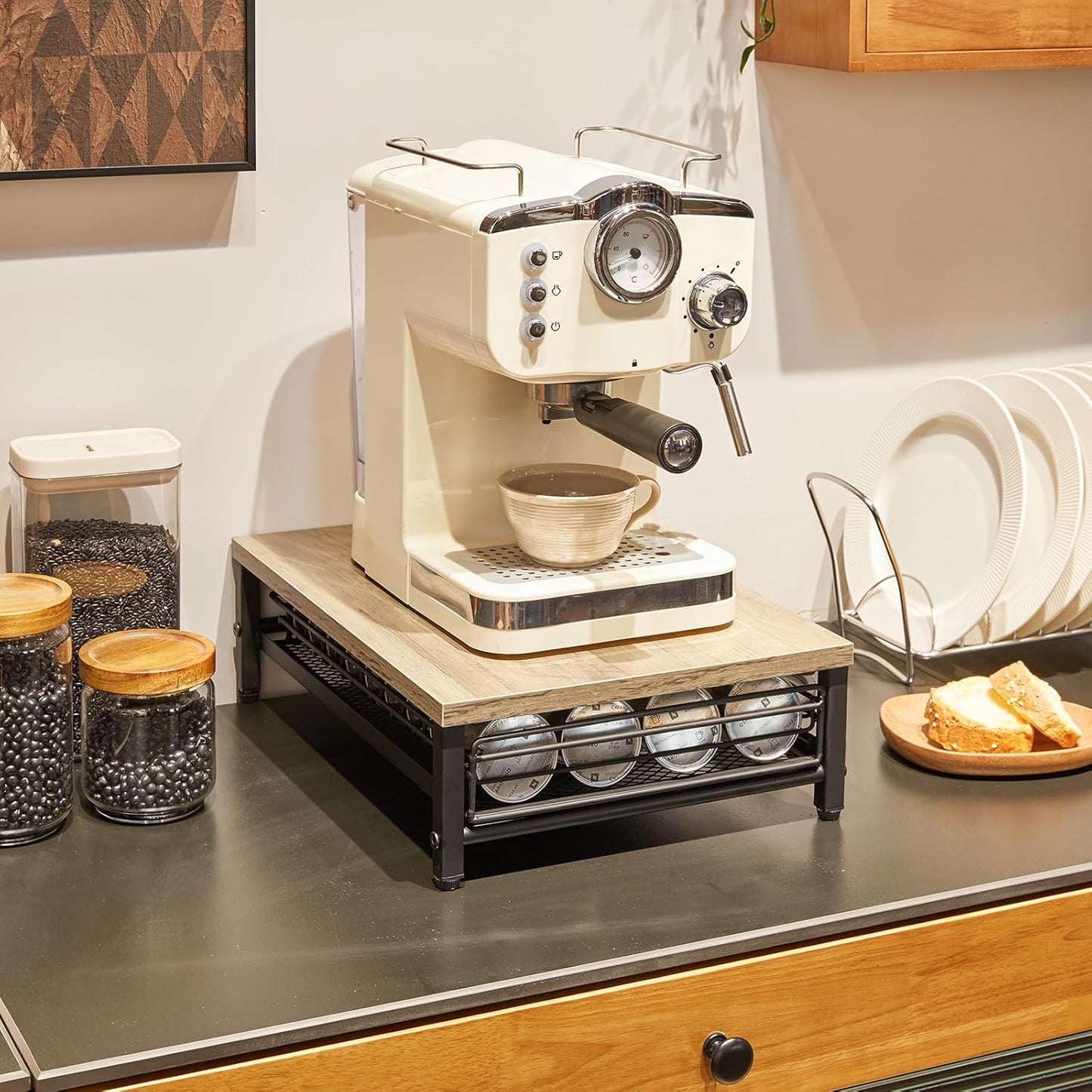 IBUYKE Wooden Coffee Pod Drawer Holder,Pod Holder,40 Capsule Pods,Coffee Pod Holder Drawer With Mesh Shelves,Home Kitchen Counter Organizer,Greige TCJ101Y