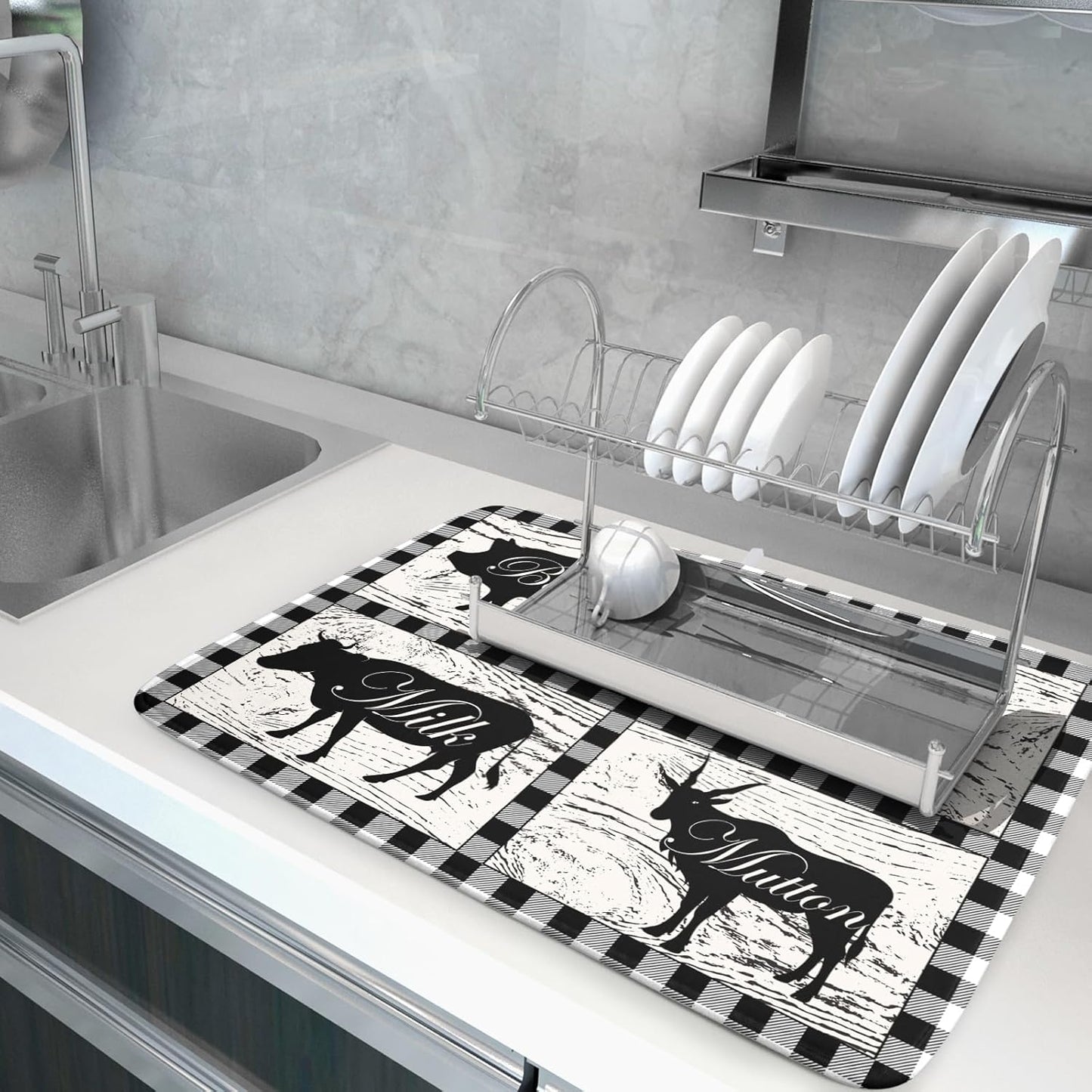 Farmhouse Animal Dish Drying Mat Buffalo Plaid Drainer Rack Mats Fast Dry Absorbent Kitchen Countertop Protector Dishes Pad 18x24 Inch