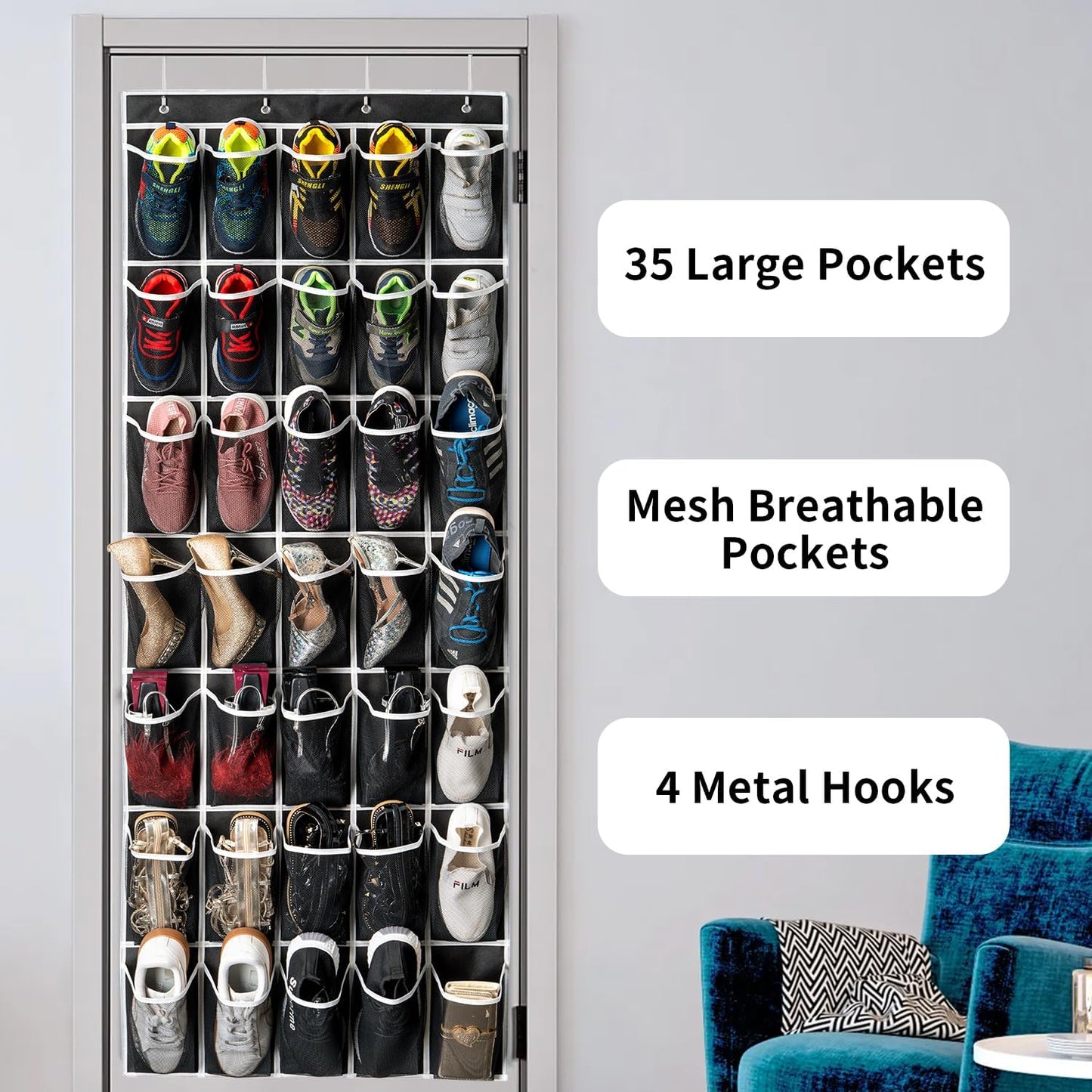35 Pockets Over the Door Shoe Organizer, Hanging Shoe Organizer for Door with 35 Mesh Pockets Large Capacity Shoe Hanging Storage Bag with 4 Metal Hooks (Black-1Pack)