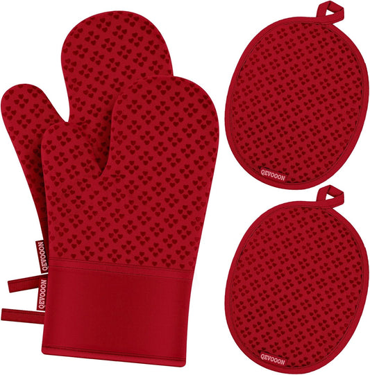 Oven Mitts and Pot Holders 4 Sets, Heat Resistant 500 ℉ Oven Mitt and Pot Holder,Oven Glove&Potholders with Non-Slip Silicone Surface,Kitchen Essentials for Cooking/Baking/BBQ-Red