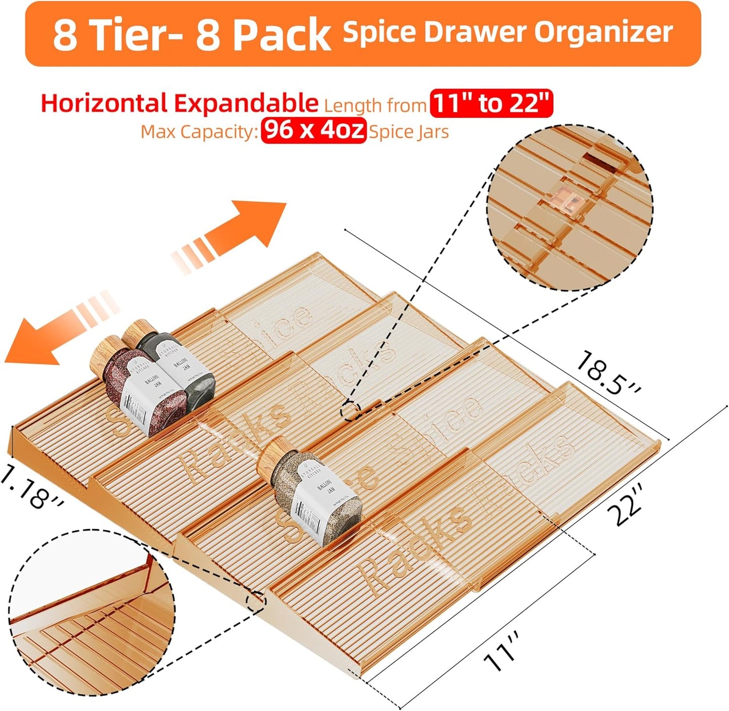 8 Packs Spice Drawer Organizer, 2-Tier Acrylic Drawer Seasoning Organizer, Expandable From 11'' to 22'' Kitchen Spice Rack Organizers and Storage for Drawer (Jars not included), Amber