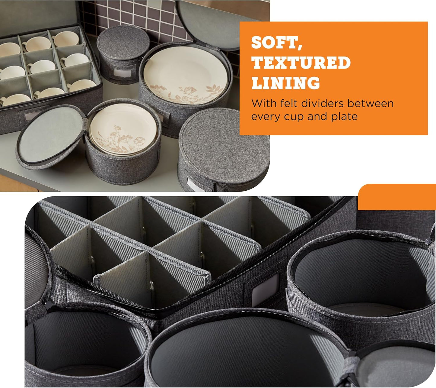 storageLAB China Storage Containers, Hard Shell Case with Felt Dividers for Charger Plates, and Dishes, Ideal for Kitchen Organization, Moving Supplies, and Fine China Storage - 5-Piece Set, Gray