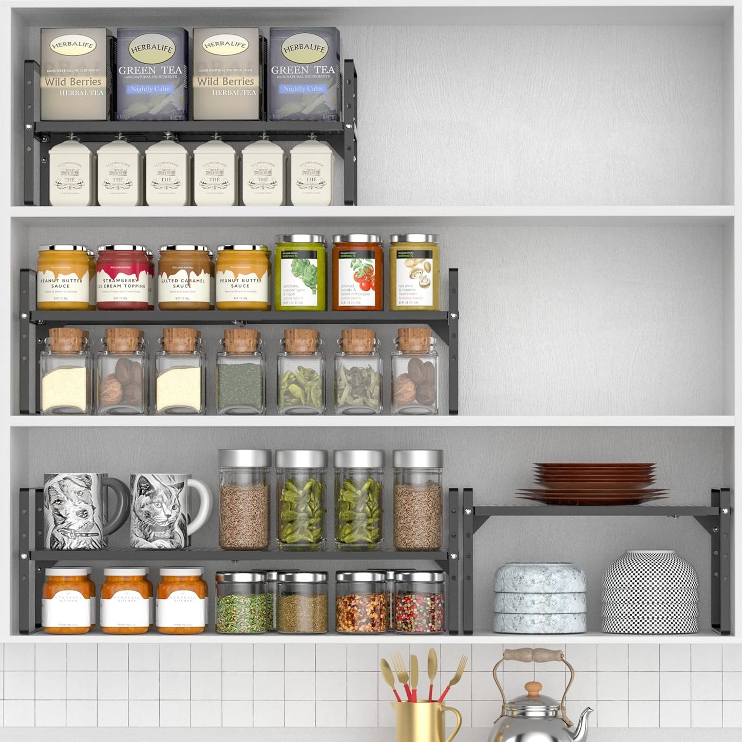 iPEGTOP Large Expandable Cabinet Storage Shelf Organizer Rack, Heavy Duty Stackable Steel Metal Spice Rack Adjustable Height Office Pantry Garage Shelves for Counter Kitchen, Black - 1 Pack