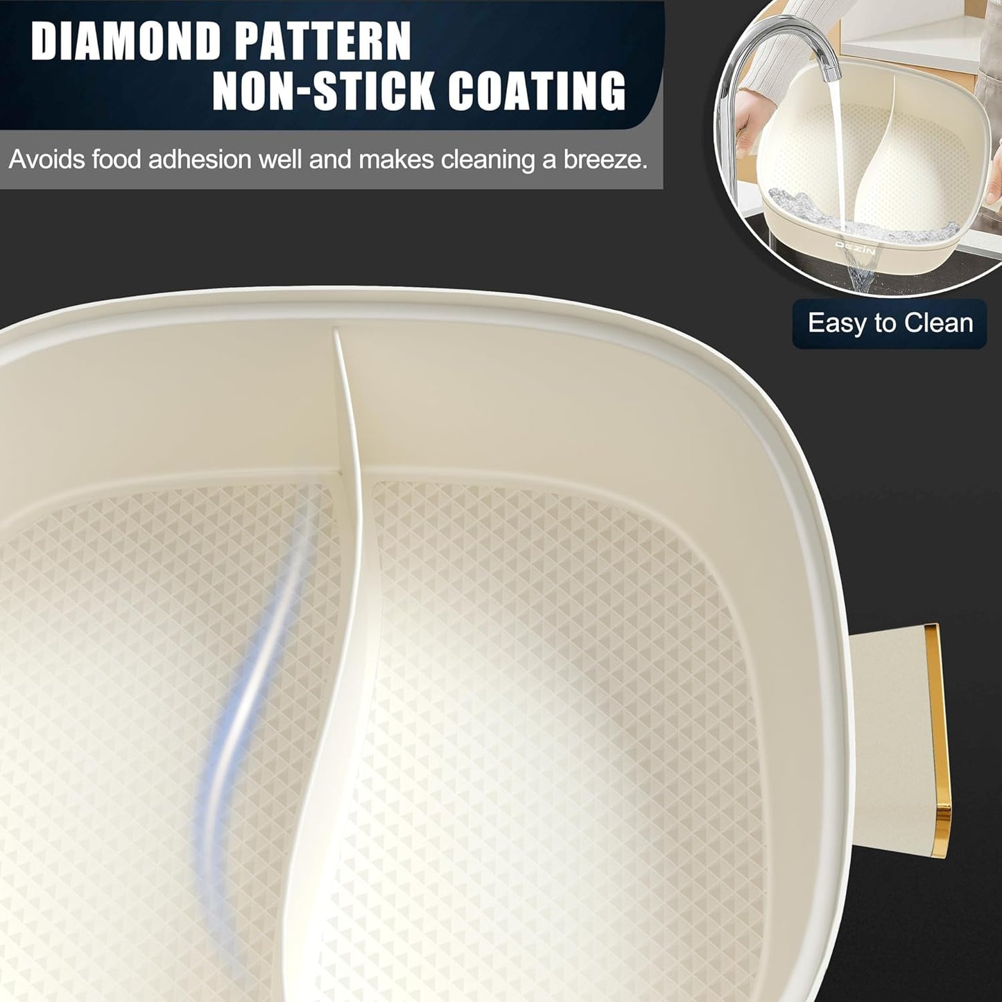 Dezin Hot Electric Shabu Shabu Pot, 5.5L Double-Flavor, Removable Non-Stick Dual Sided Cooker, 3" Depth Divided Pot with Multi-Power Control, 2 Silicone Ladles