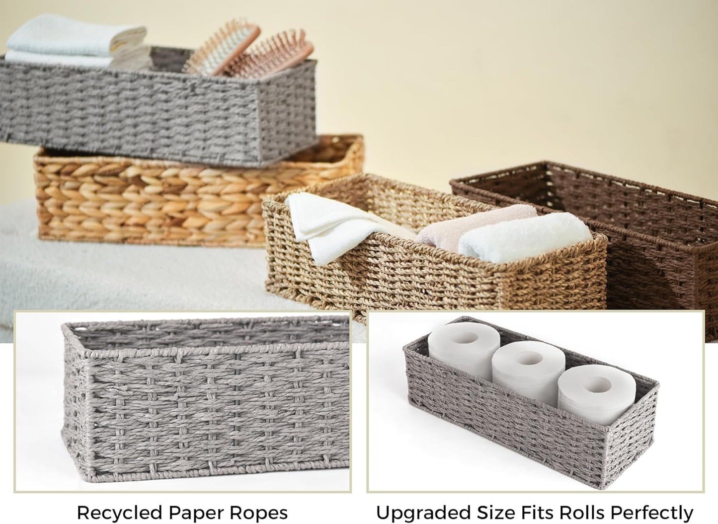 StorageWorks Round Paper Rope Toilet Tank Topper Basket, Wicker Basket for Bathroom, Gray, 2-Pack