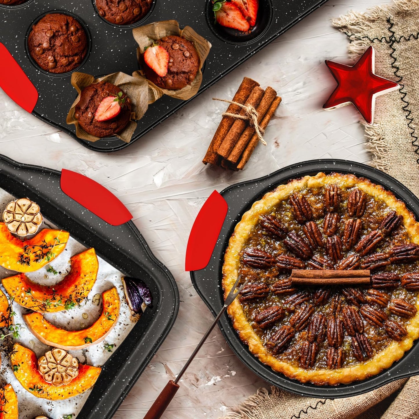 11-Piece Nonstick Stackable Baking Pans Set, Toxin-Free Bakeware Sets, Baking Pan Set with Silicone Handles, Includes Cookie Sheets, Loaf Pan, Pizza Pan, Muffin Pan, Red&Black