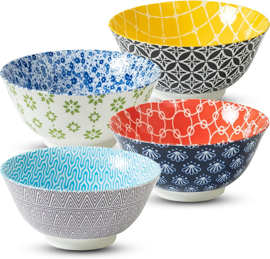 Bowl Set of 4, 23 OZ Large Colorful Bowls Set, 6 Inches Boho Bowls, Bohemia Ceramic Bowls for Kitchen Soup Cereal Salad, Dishwasher and Microwave Safe