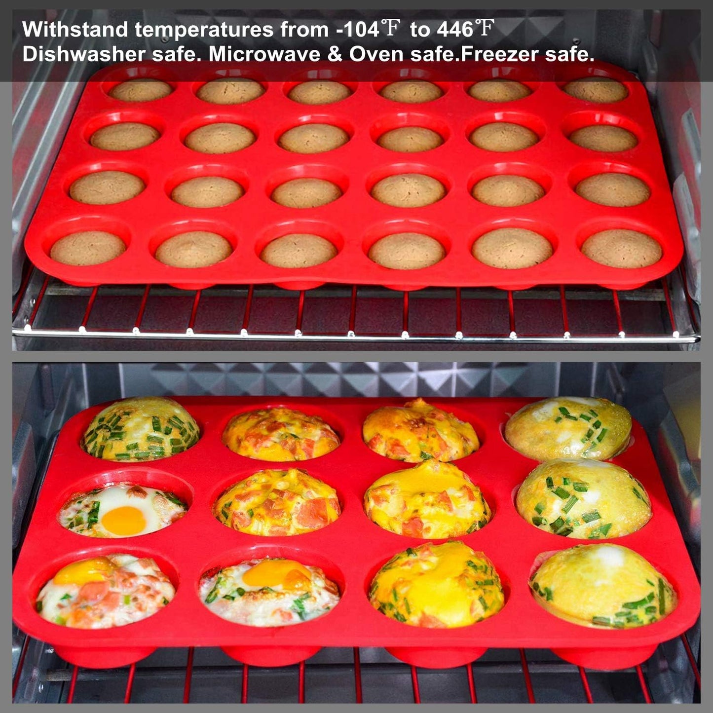 Silicone Muffin Pan Cupcake Set, Non-Stick Regular 12 Cups and Mini 24 Cups,Silicone Baking Molds,BPA Free Muffin Tin with 1 Silicone Spatula & 1 Oil Brush (Red)