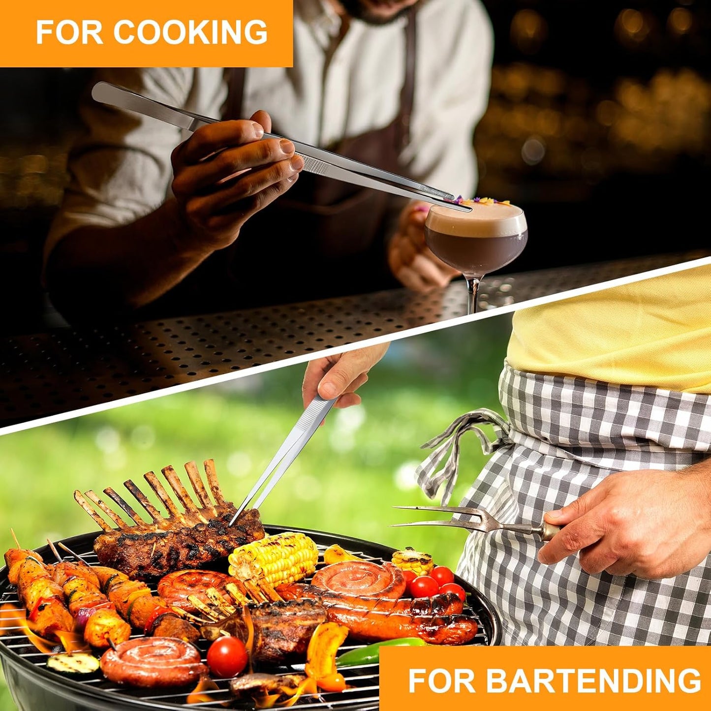 Yaomiao 4 Packs 12 Inch Bar Tweezers Silver Long Garnish Tongs Stainless Steel Kitchen Cooking Tongs Tweezers for Food Cocktail Korean BBQ Bartender Chef, Multi-use