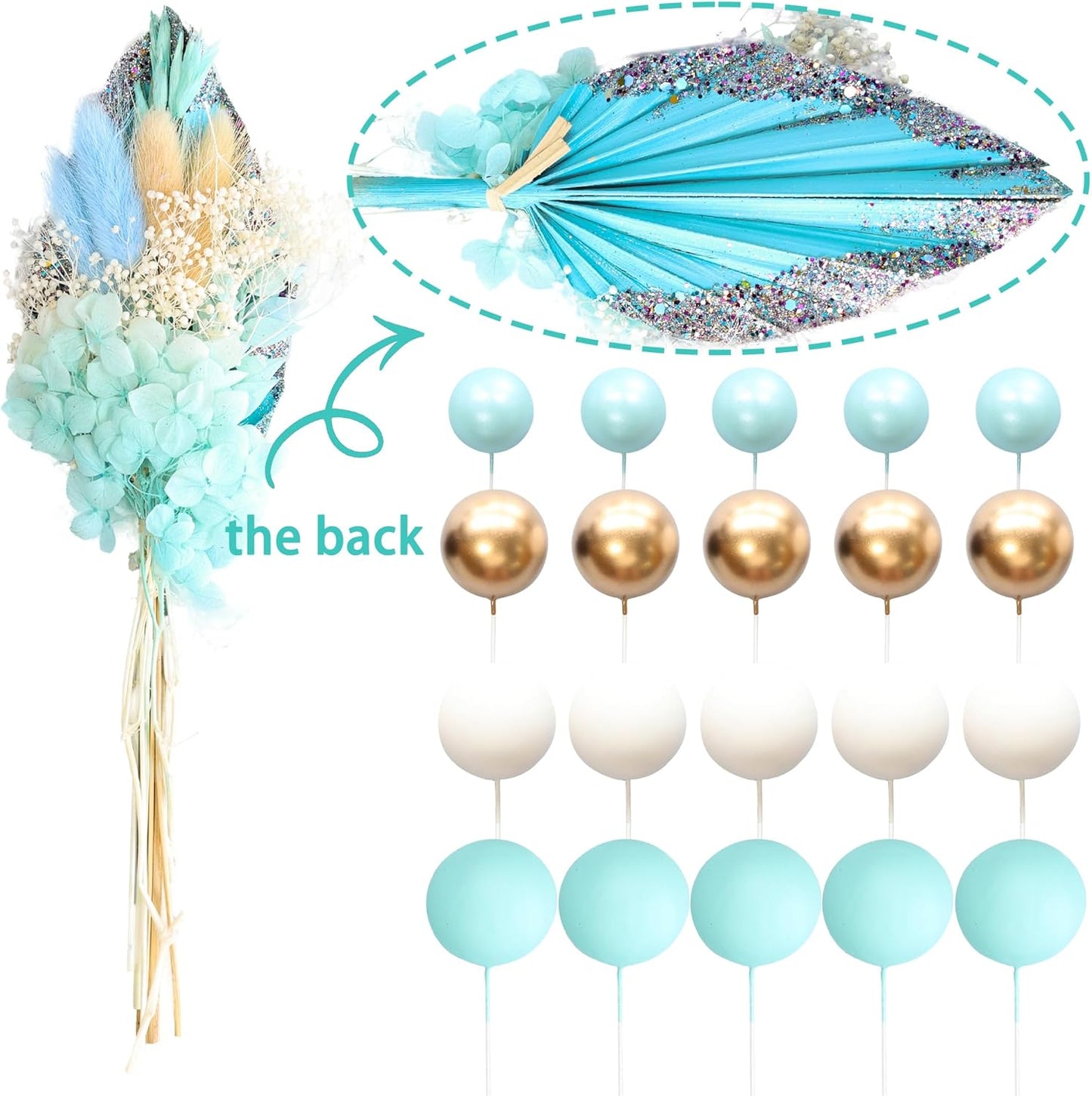 Gyufise 21 Pack Flower Boho Cake Topper Ball Cake Decorations Palm Leaves Plants Cake Decor for Girl Bohemian Princess Theme Wedding Baby Shower Birthday Party Supplies Blue