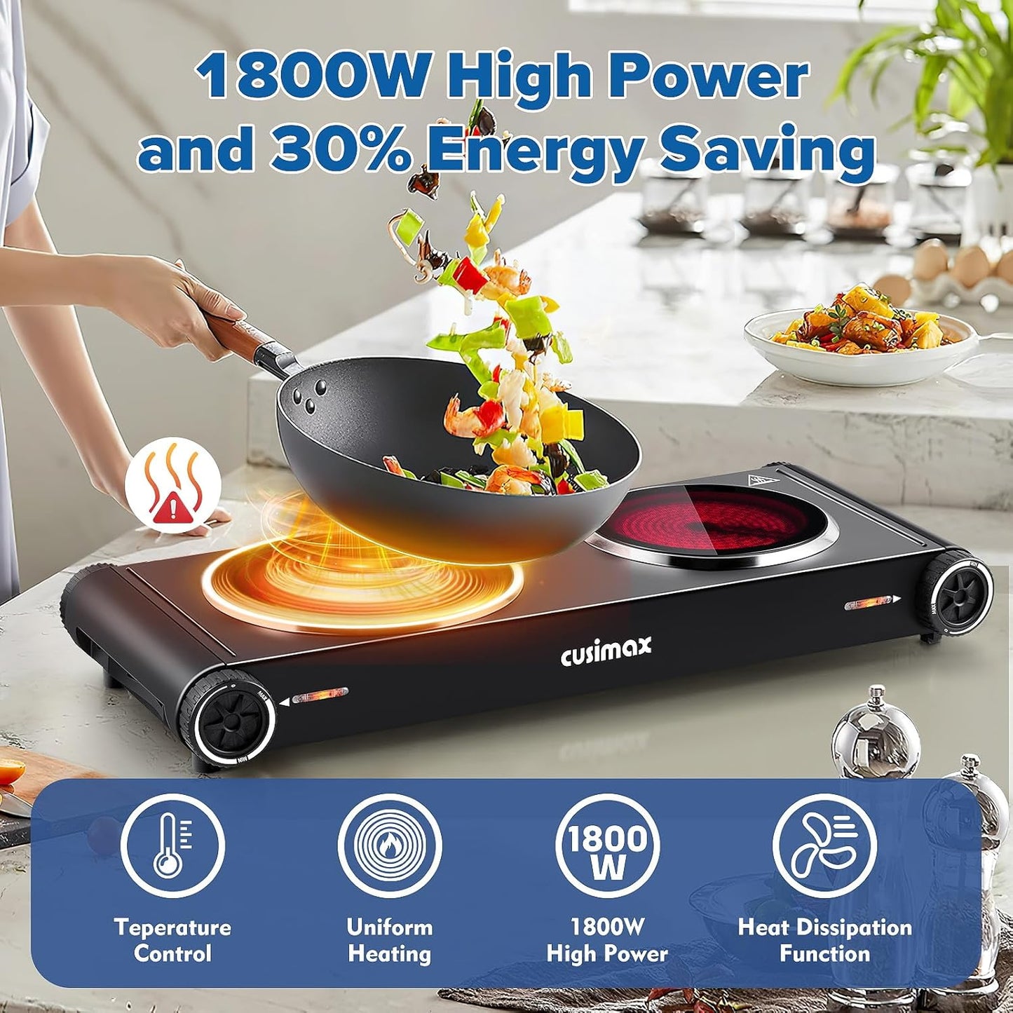 Cusimax Hot Plate,1800W Electric Stove Countertop Double Cast Iron Burner with Adjustable Temperature,7.4”+6.1” Portable Hot Plates for Cooking,Compatible for All Cookwares