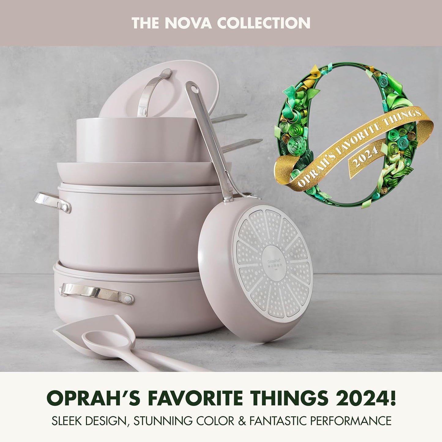 GreenPan Nova 10-Piece Cookware Pots & Pans Set, Oprah’s Favorite Things 2024, PFAS-Free Ceramic Nonstick, Fry, Sauté, Stockpot, Utensils, Lids, Induction Suitable, Dishwasher & Oven Safe, Clay