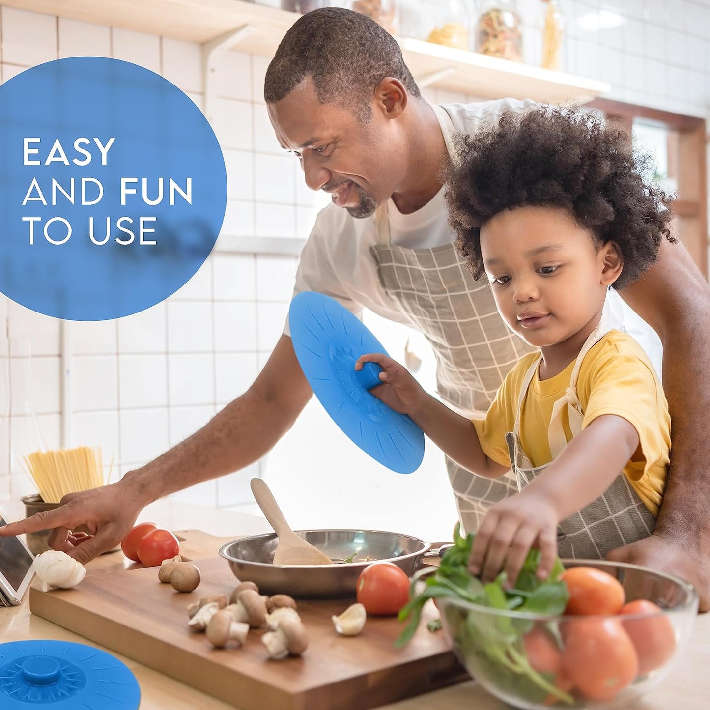 Silicone Bowl Lids Blue Set of 5 Reusable Suction Seal Covers for Bowls, Pots, Cups. Food Safe. Natural grip, interlocking handles for easy use and storage.